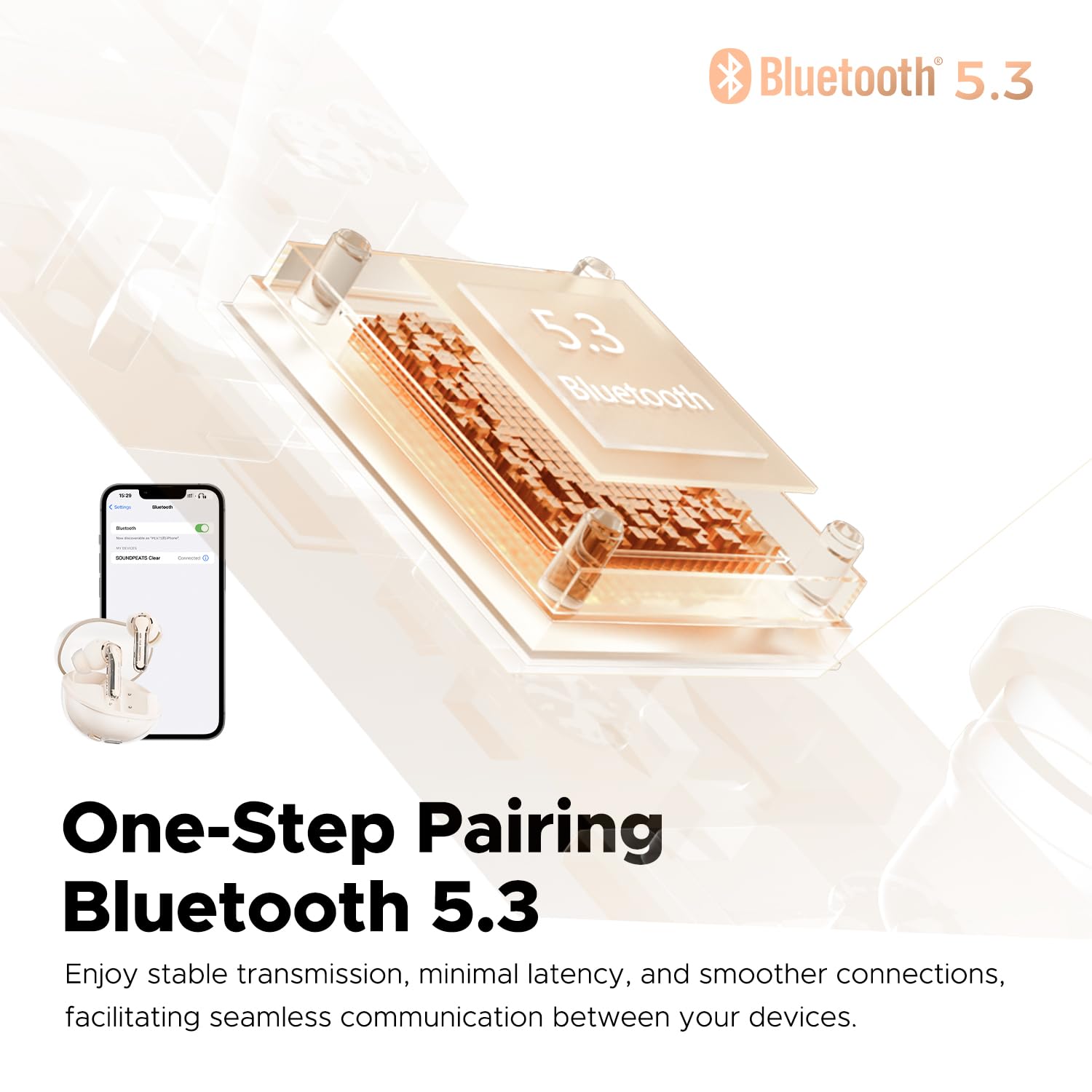 SoundPEATS Clear Wireless Earbuds - Bluetooth 5.3 Headphones with 40H Battery Life, Active Noise Cancelling, Dual Mic for Crystal Clear Calls, Game Mode & App Control - Perfect for Workouts, Commuting & Gaming