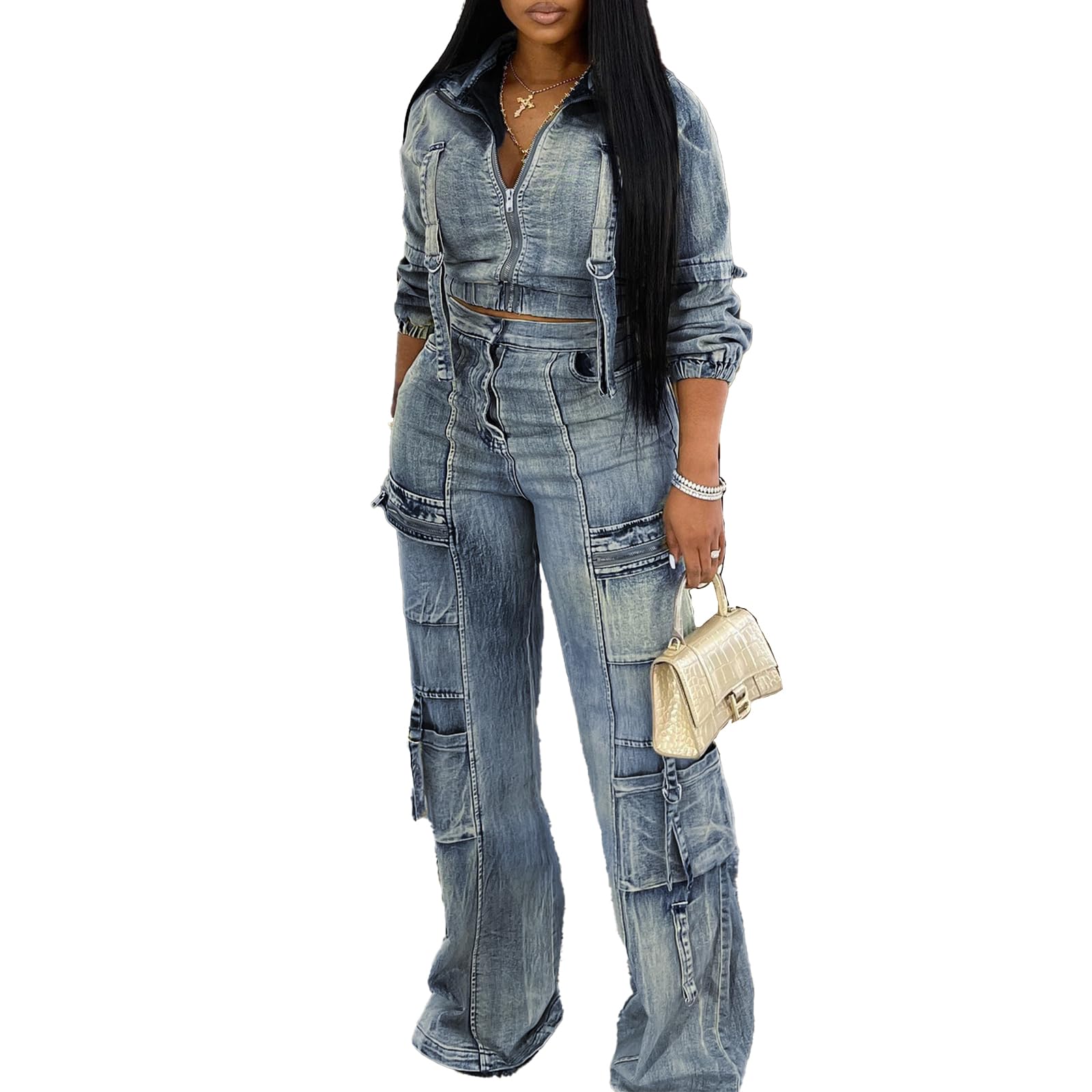 Molilove Women's Two Piece Denim Outfit - Long Sleeve Cropped Jean Jacket & Cargo Pants with Pockets | Y2K Streetwear Tracksuit Set | Casual Outing, Party Wear & Fashion Photoshoot