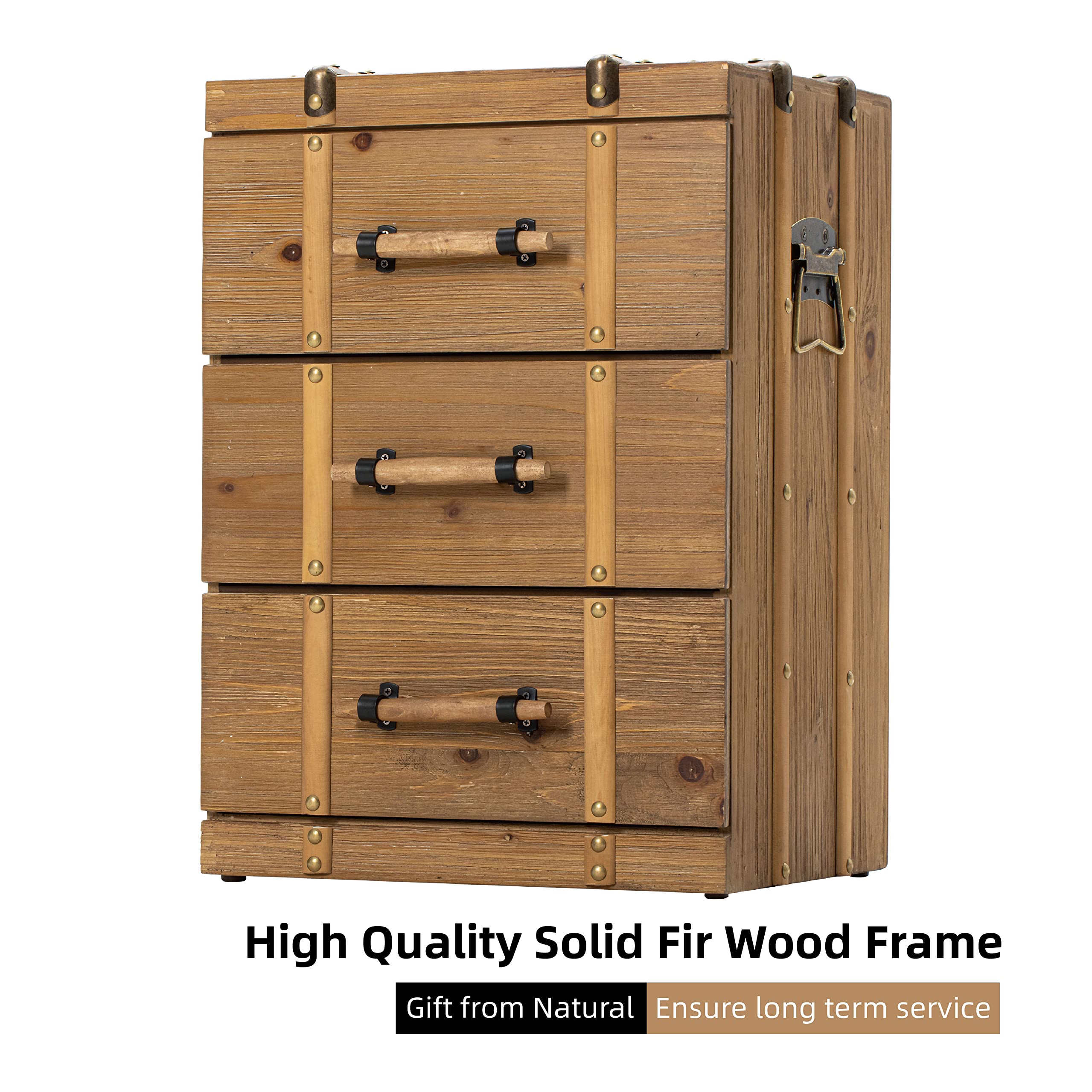 Vintage Mid Century Nightstand with 3 Drawers - Distressed Solid Wood End Table & Side Table for Bedroom & Living Room - Fully Assembled Retro Brown Finish - Perfect for Small Spaces & Guest Rooms
