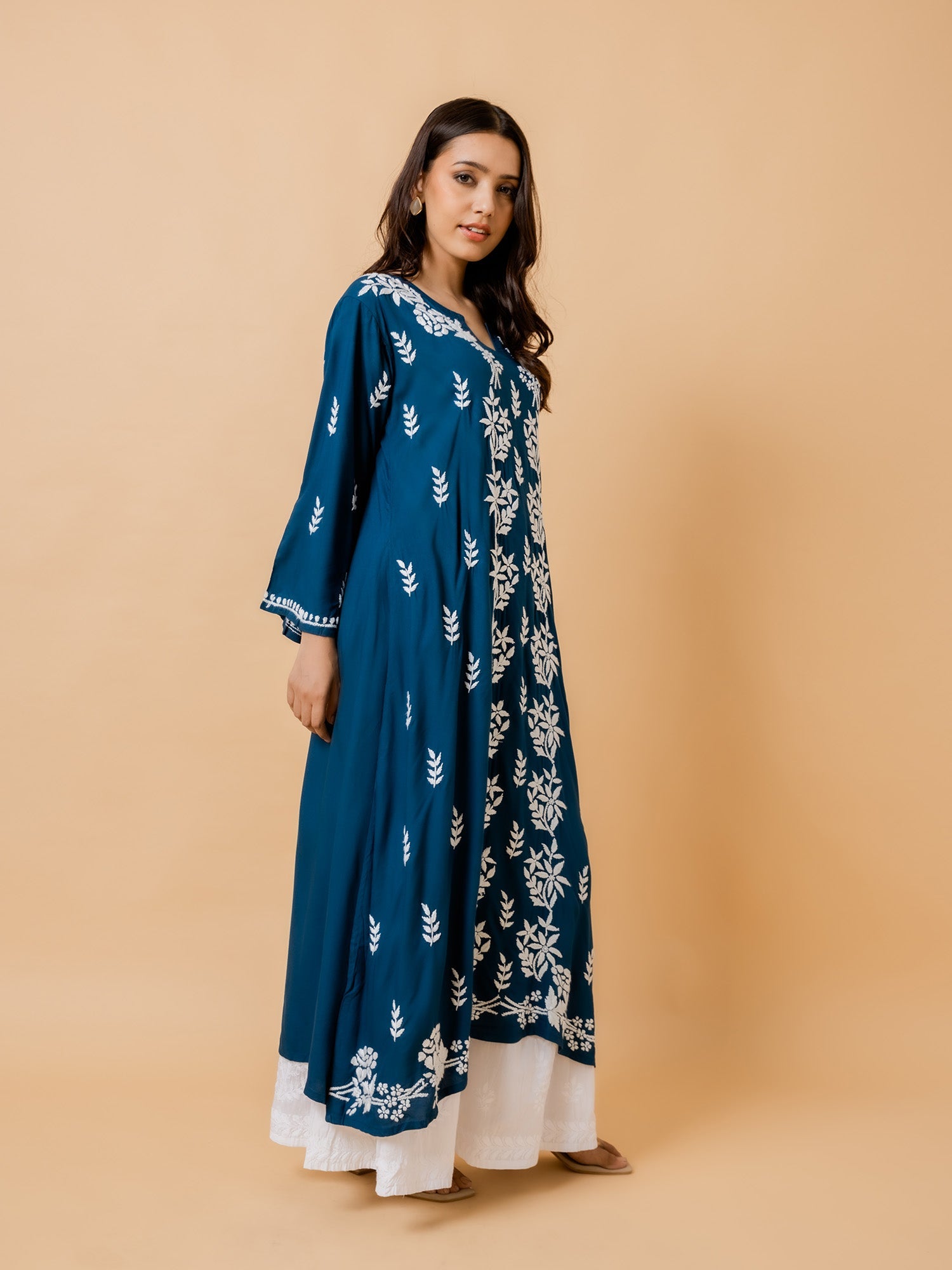Fizaa Rayon Cotton Chikankari Kurta for Women - Blue Traditional Indian Embroidered Tunic Top | Perfect for Festivals, Weddings & Casual Wear
