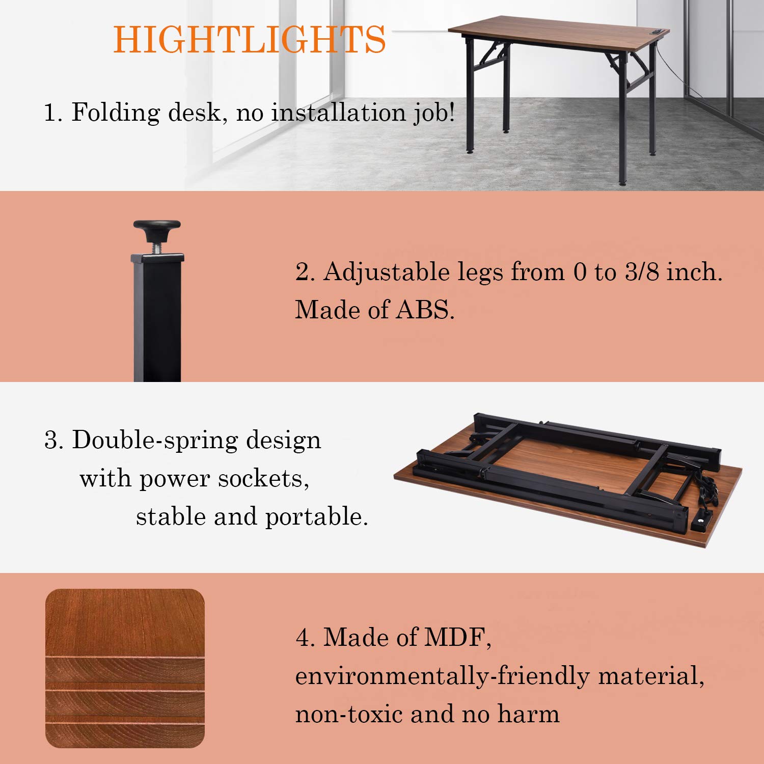 Frylr Folding Computer Desk with Built-in Power Outlets & USB Ports - 43.3