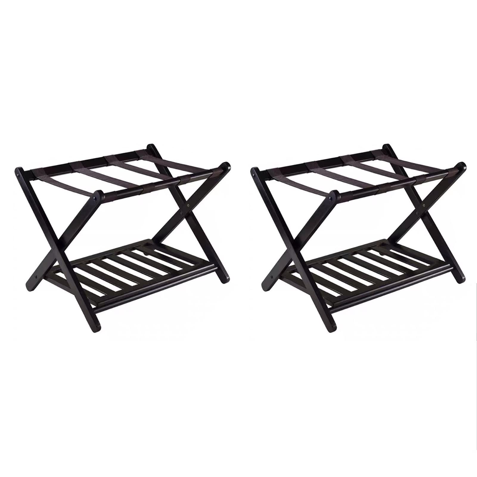Double-Layer Wooden Folding Luggage Rack with Shoe Shelf - Set of 2, Black Hotel Storage Rack for Guest Room (68×40×58cm) - Perfect for Hotels, Bedrooms & Closet Organization