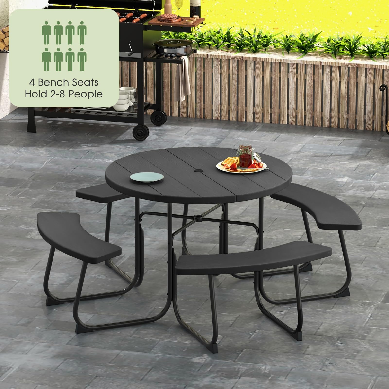 Giantex 8-Person Round Outdoor Picnic Table Set with Umbrella Hole - HDPE Top & Sturdy Metal Frame, 2000LBS Capacity - Perfect for Backyard, Deck, Garden, and Patio Gatherings (Black)