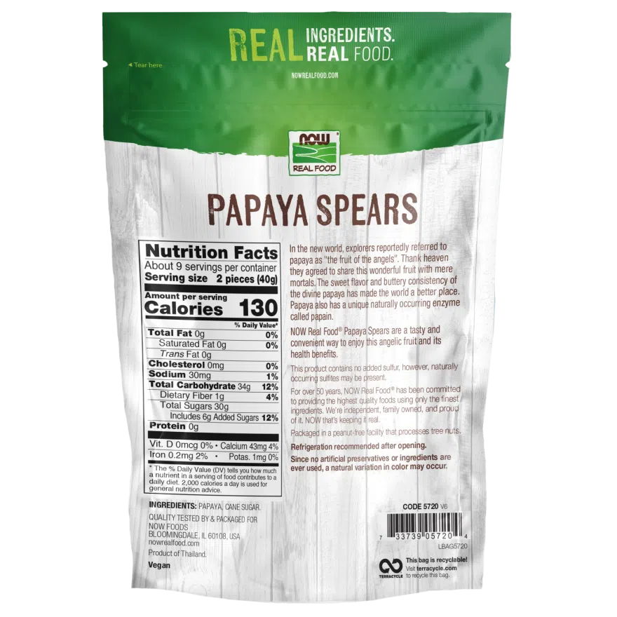 NOW Real Food Papaya Spears - Dried Tropical Fruit Snacks, Gluten Free & Vegan, Perfect for Healthy Snacking, Hiking & Road Trips