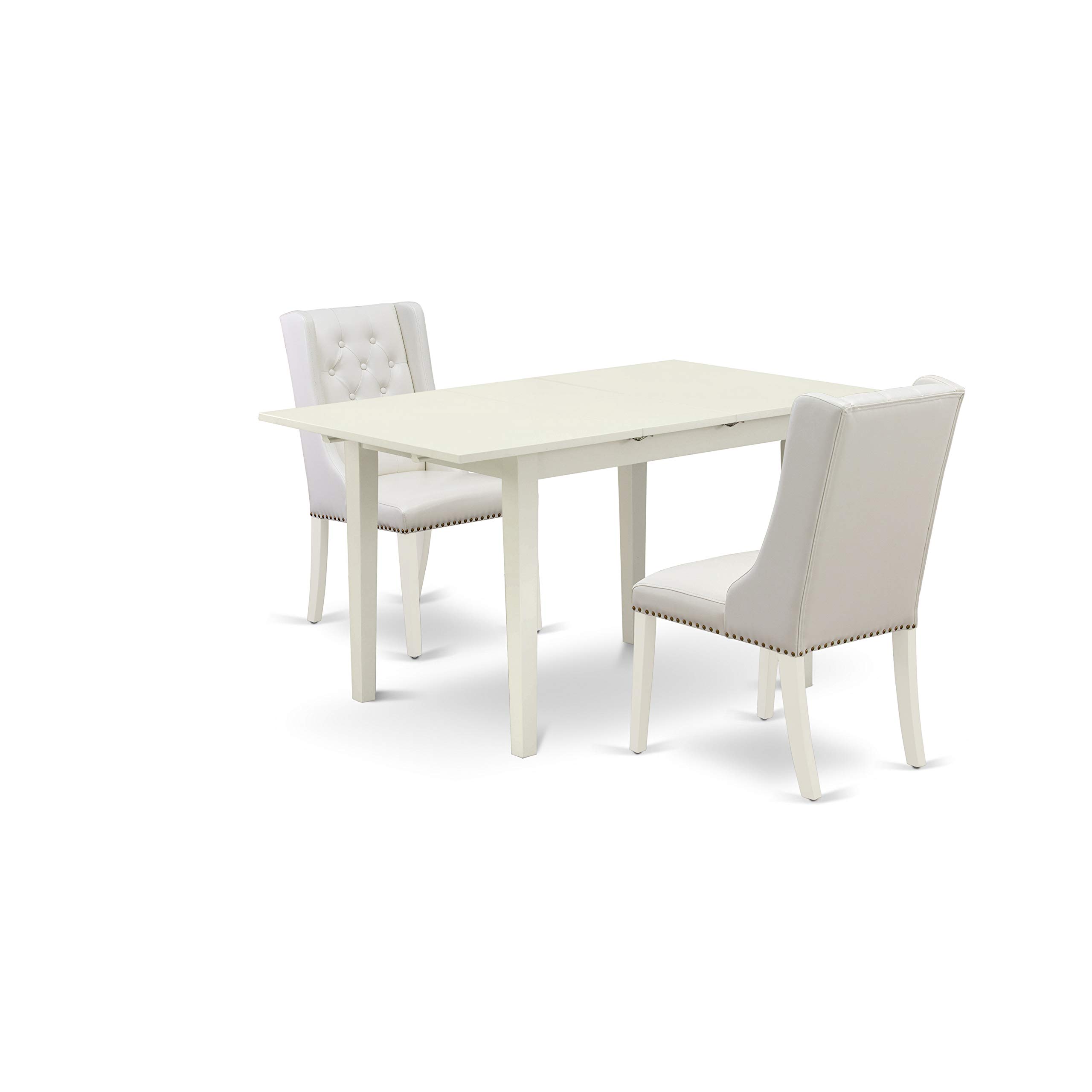 East West Furniture 3 Piece Kitchen Table Set - Rectangle Dining Table with Butterfly Leaf & 2 Light Gray Faux Leather Chairs, 32x54 Inch, Linen White - Perfect for Small Spaces, Breakfast Nooks & Cozy Dining Areas