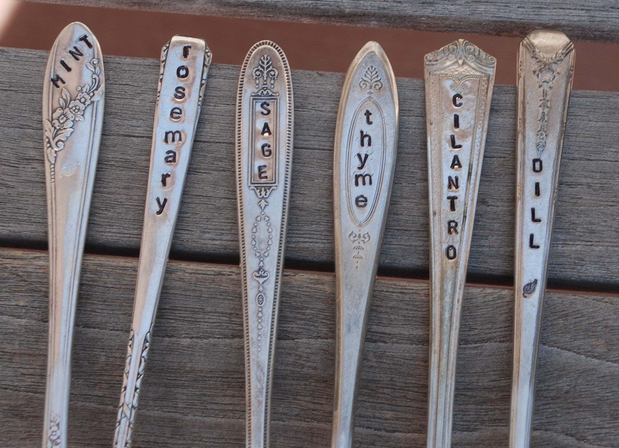 6-Piece Herb Marker Set - Silver Plated Spoon Handles, Hand-Stamped & Recycled - Unique Garden Markers for Herbs, Plants & Gardening Gifts