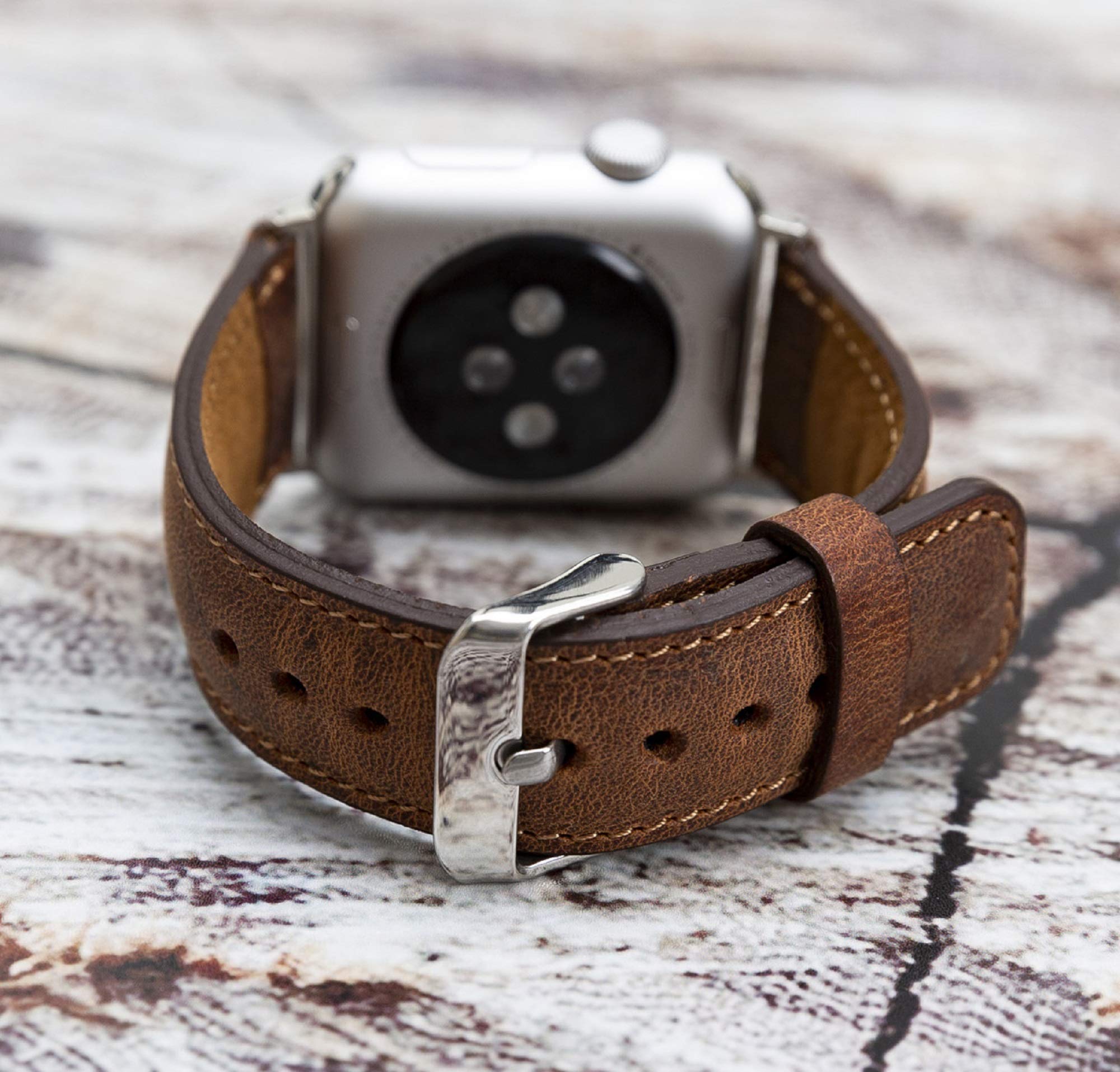 VENOULT Genuine Leather Watch Band Compatible with Apple Watch Series 9/Ultra 2 - 38mm to 49mm Sizes - Dark Brown Bull Leather Strap for Men & Women - Perfect for Work, Gym & Everyday Wear