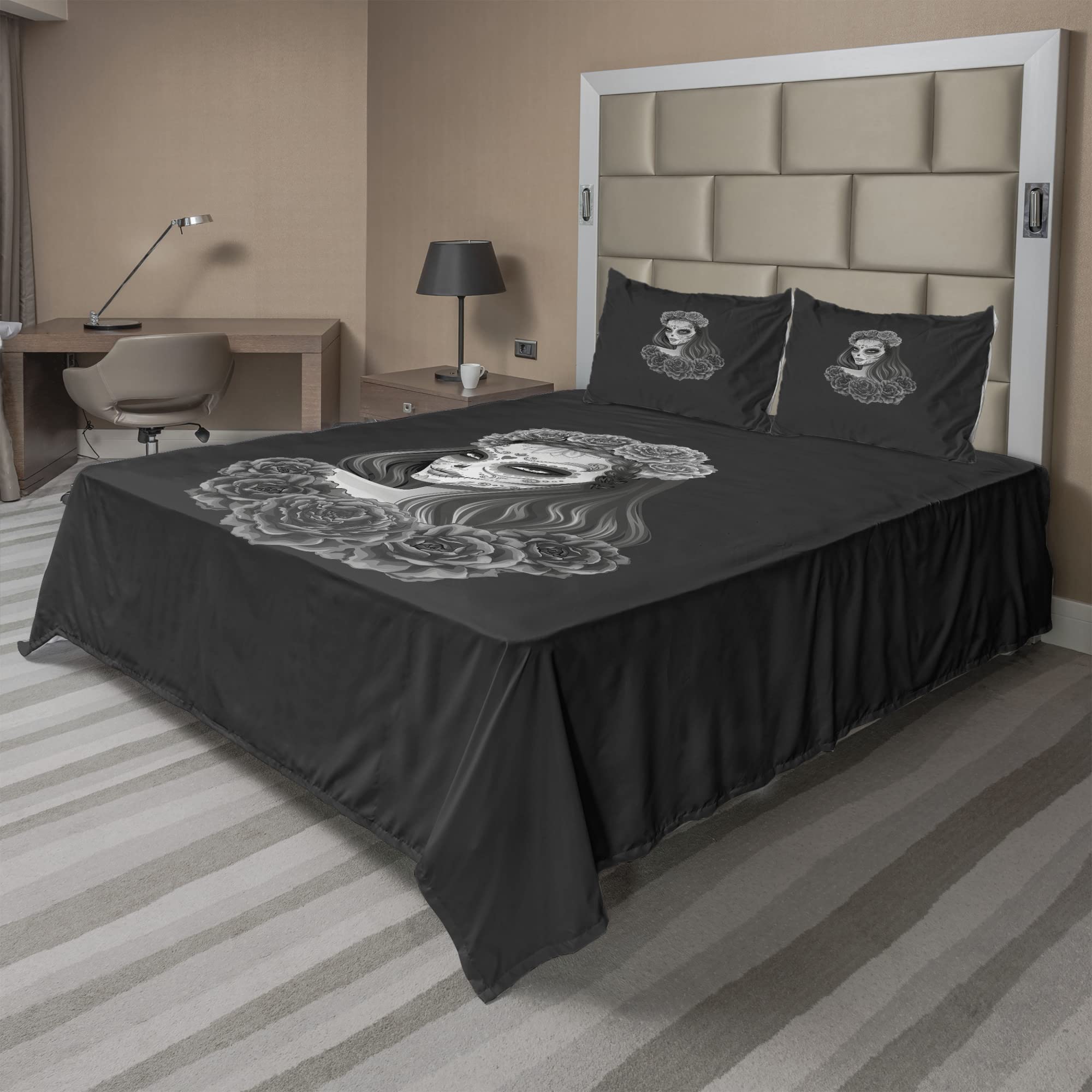 Ambesonne Day of The Dead Sheet Set - Gothic Calavera Makeup & Roses Design, 4-Piece King Size Bedding Set with Fitted Sheet, Flat Sheet & Pillowcases in Charcoal & Pale Grey | Perfect for Halloween Decor, Gothic Bedroom Theme & Mexican Culture Inspired Home Decor