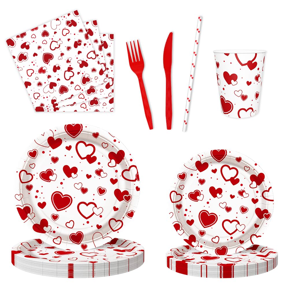 112-Piece Heart Plates & Napkins Party Set - Includes Plates, Cups, Napkins & Straws - Baby Shower, Birthday Party Decorations (Serves 16) - Perfect for Valentine's Day, Bridal Showers & Romantic Dinner Decor