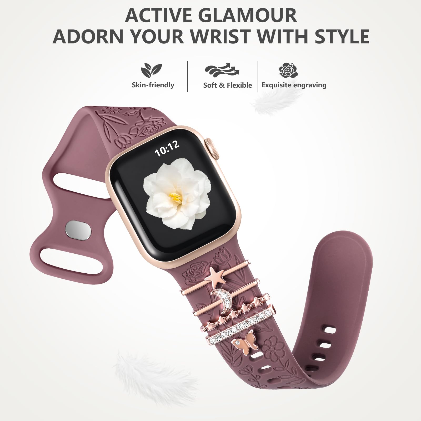 DaQin Floral Engraved Apple Watch Band - Soft Silicone Strap with Charms for Women, Compatible with Apple Watch Series 9/8/7/6/5/4/3/2/1/SE (38mm 40mm 41mm 42mm 44mm 45mm) - Perfect for Workouts, Office Wear & Everyday Fashion Accessory