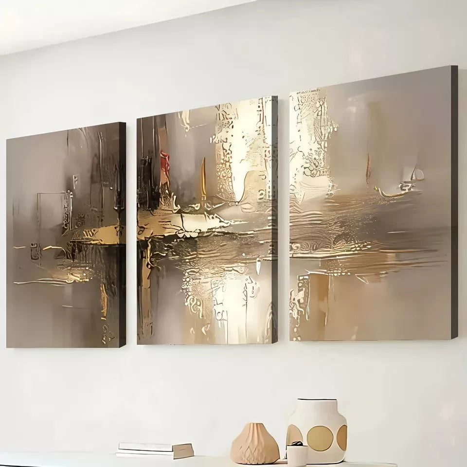 3-Piece Light Luxury Gold Abstract Geometric Wall Art Set - Framed Canvas 50x70cm (20x28in) - High Quality Print - 100% Australian Made - Ready to Hang - Perfect for Living Room, Bedroom & Office Decor