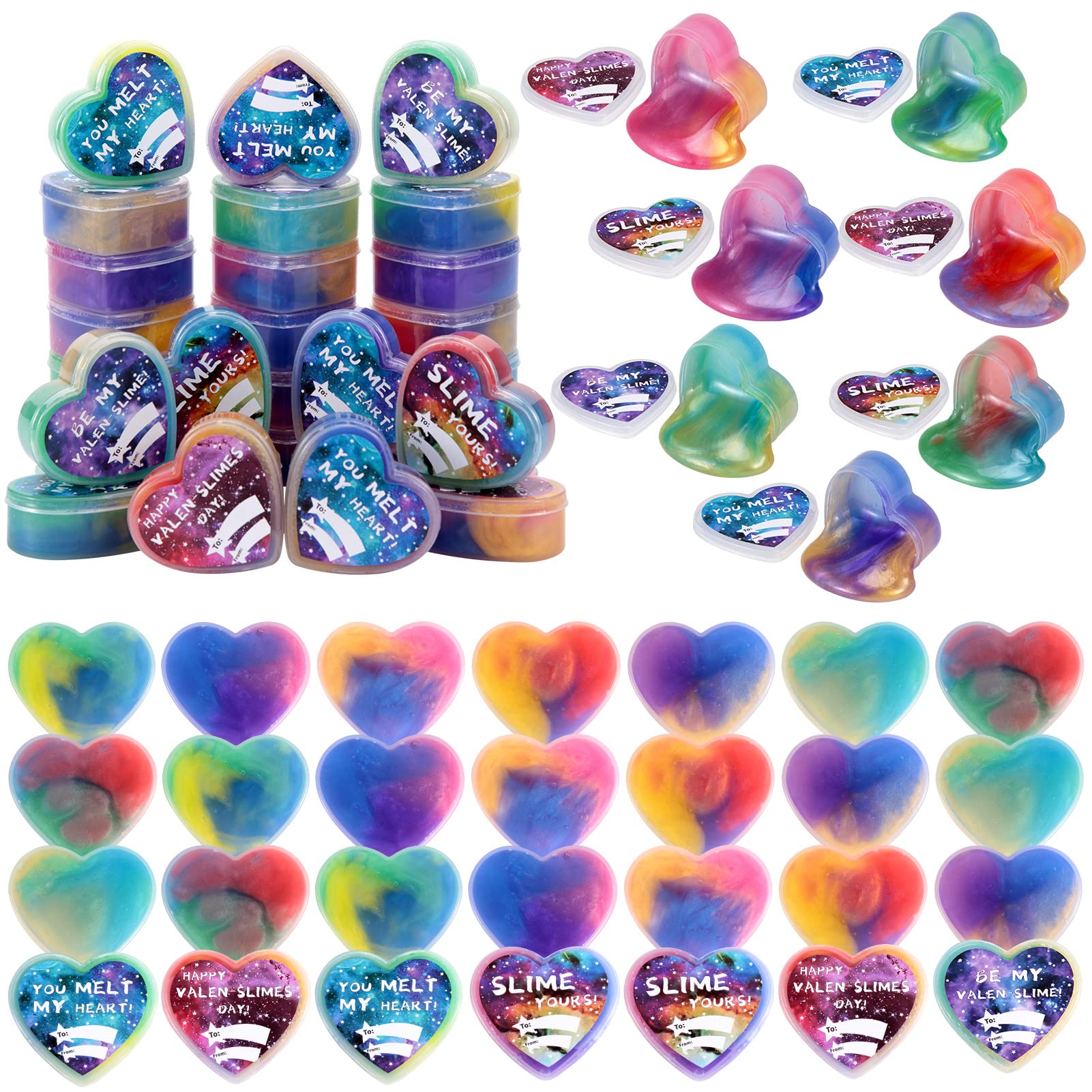 28-Pack Valentine's Day Galaxy Slime Hearts for Kids - Valentine's Party Favors with Greeting Cards - Perfect for Classroom Exchanges, Birthday Gifts & Sensory Play Activities