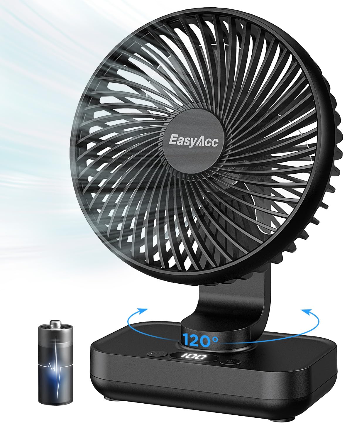 EasyAcc Small Oscillating Fan - 4000mAh Rechargeable Battery, 5-23 Hours Runtime, 4-Speed Desktop Air Circulator for Home, Office, Bedroom & Dorm Room - Perfect for Cooling, Air Circulation & White Noise