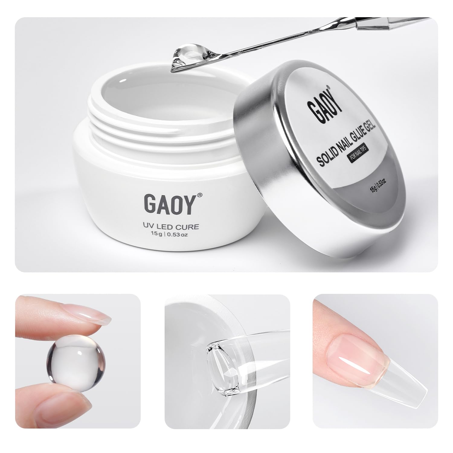 GAOY Solid Nail Glue Gel - 15g Strong Adhesive for Press On Nails, False & Acrylic Tips | UV Light Cure | Long-Lasting Nail Extension Glue | Perfect for Salon, Home Manicure & Nail Art