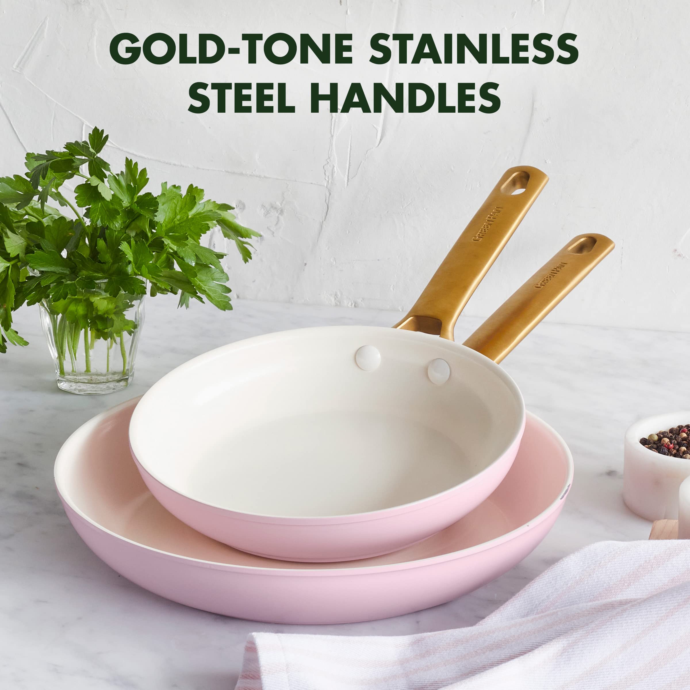 GreenPan Reserve Hard Anodized Healthy Ceramic Nonstick 20cm & 26cm Frying Pan Skillet Set - PFAS-Free, Induction & Oven Safe Cookware with Gold Handle (Blush Pink) - Perfect for Healthy Cooking, Sautéing & Frying in Modern Kitchens