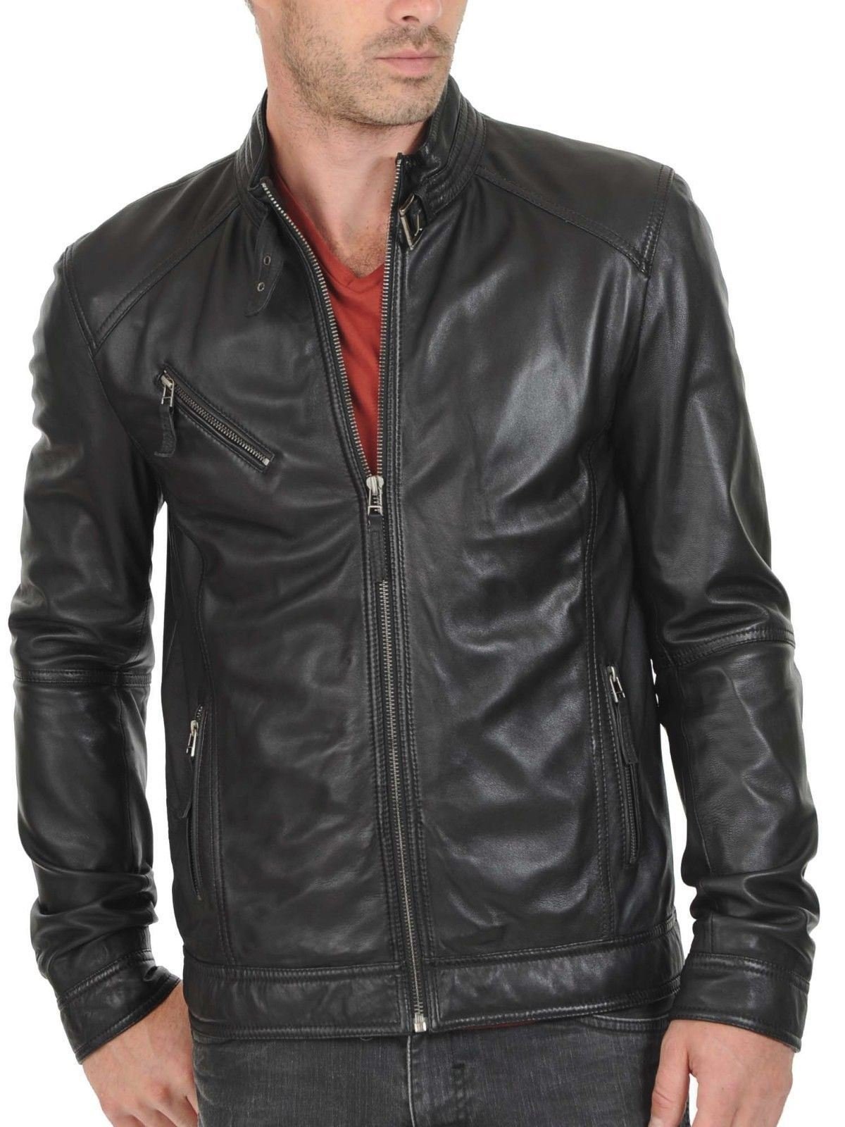 **Men's Distressed Leather Motorcycle Jacket - Stylish Biker Bomber Jacket with Zipper - Black Outerwear for Riding & Casual Wear**
