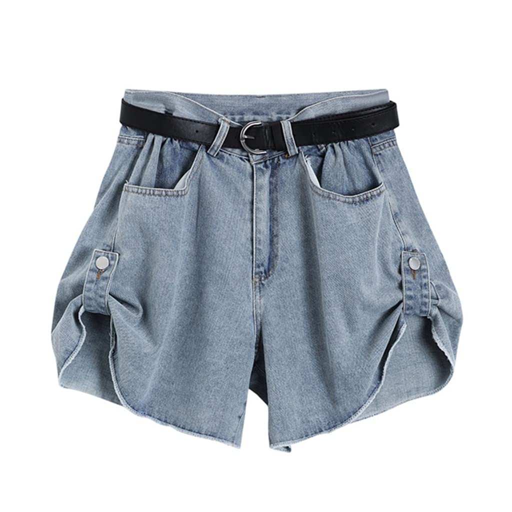 Vintage High Waist Distressed Denim Shorts for Women - Washed Blue Baggy A-Line Jean Shorts with Belt | Summer Casual Streetwear | Perfect for Beach, Music Festivals & Everyday Wear (Color: Blue, Size: M)