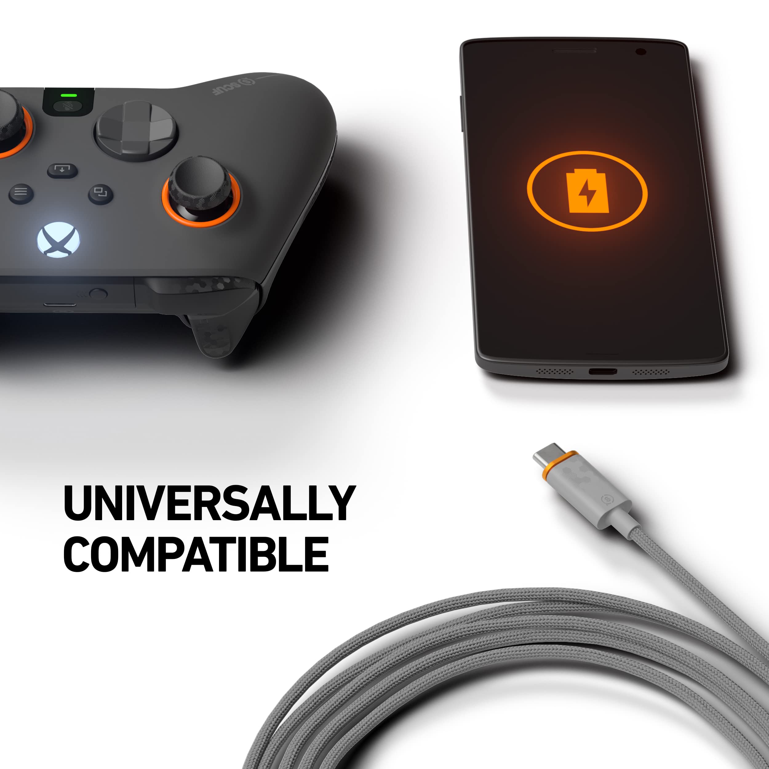 SCUF Braided USB-C Cable 6ft/2m - Fast Charging & Data Sync for Xbox Series X, PS5 Controllers & Smartphones (Light Gray) - Perfect for Gaming, Office & Travel Use