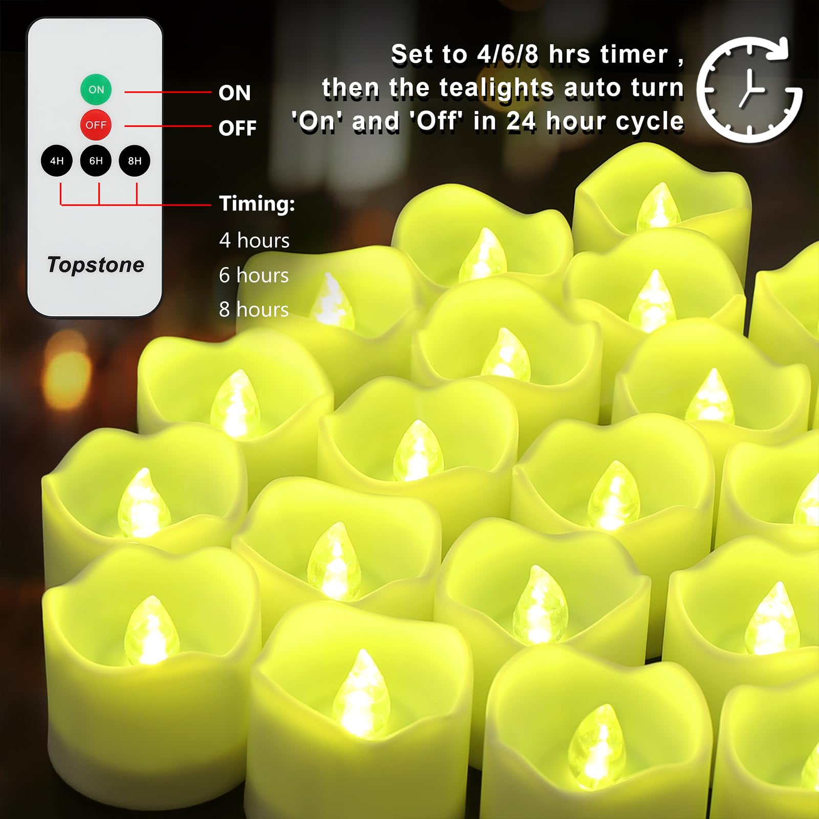 Topstone Battery Powered Flameless Candles with Timer - 12 Pack Remote Control LED Tealights, Green Electric Votive Candles for Wedding Decorations, Party Centerpieces, Christmas & Holiday Home Decor