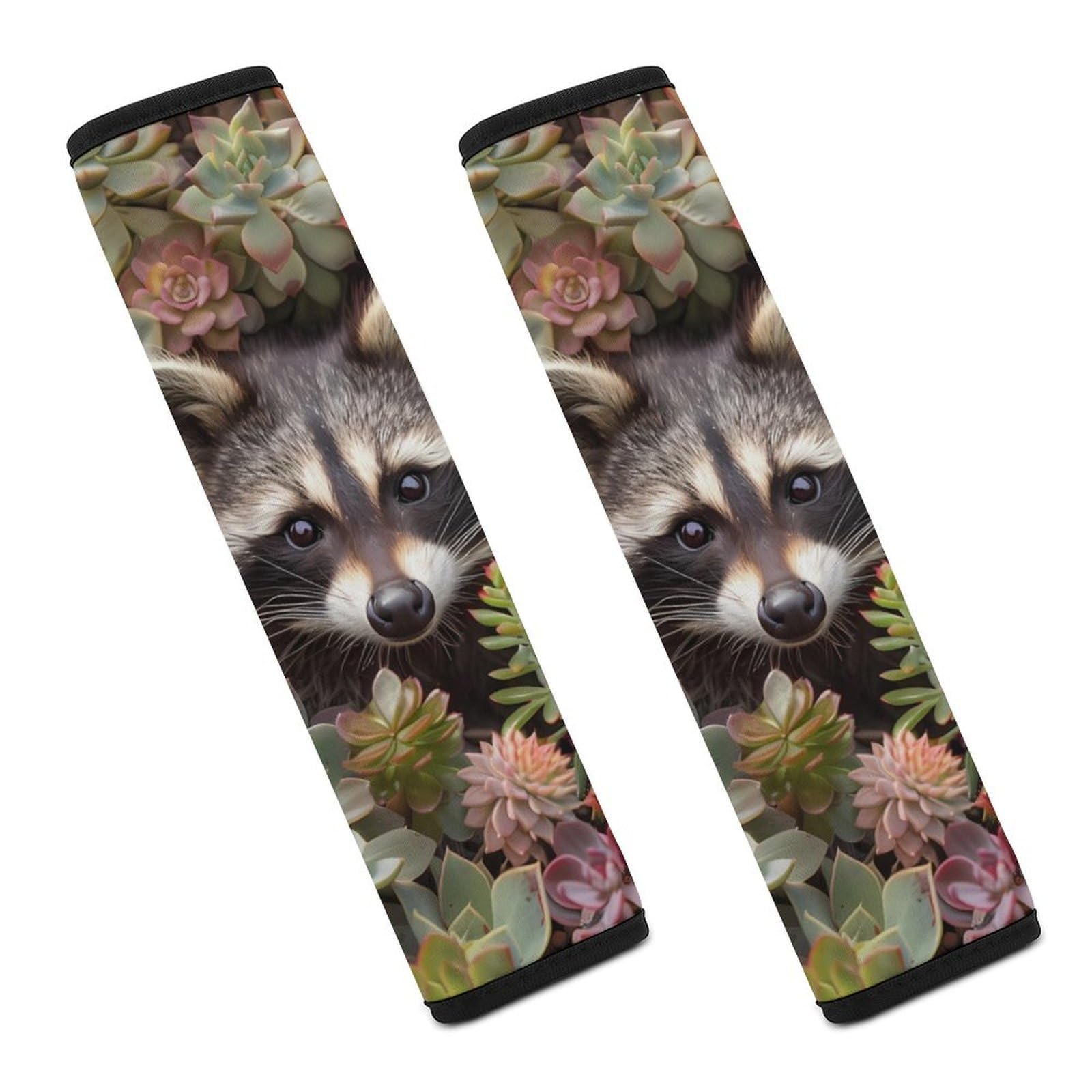 Adorable Raccoon & Succulents Car Seat Belt Cushions - Soft Shoulder Strap Pads (2-Pack) | Comfortable Car Accessories for Long Drives & Road Trips