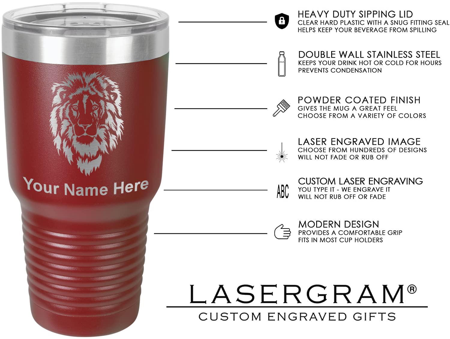 LaserGram 30oz Vacuum Insulated Stainless Steel Tumbler Mug with Lid - Personalized Engraved Great White Shark Design (Maroon) - Keeps Drinks Hot/Cold for Hours - Perfect for Office, Gym, Travel & Outdoor Adventures