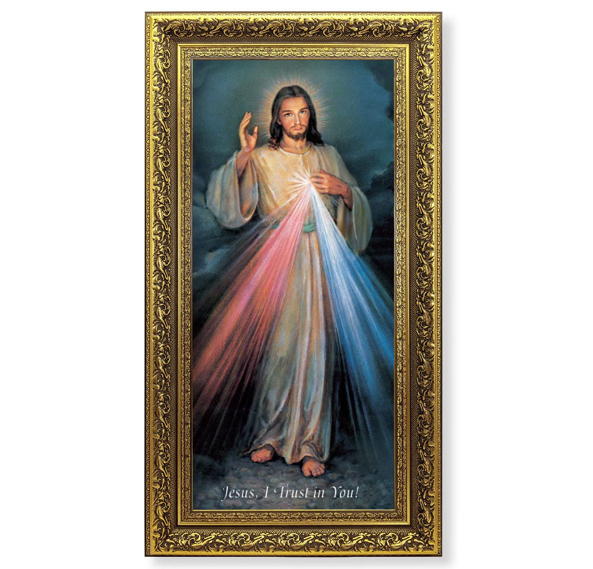 Divine Mercy Framed Wall Art - Large Antique Gold Leaf Acanthus Design Religious Picture - Perfect for Home, Church & Office Decor