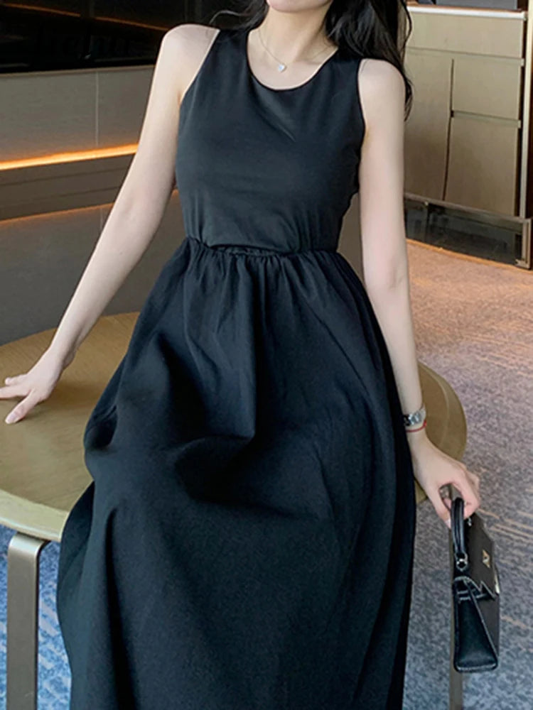 Black O-Neck Sleeveless Slimming Tank Dress for Women - High Waist Solid Color Summer Maxi Dress - Perfect for Casual Wear, Office & Beach Outfits