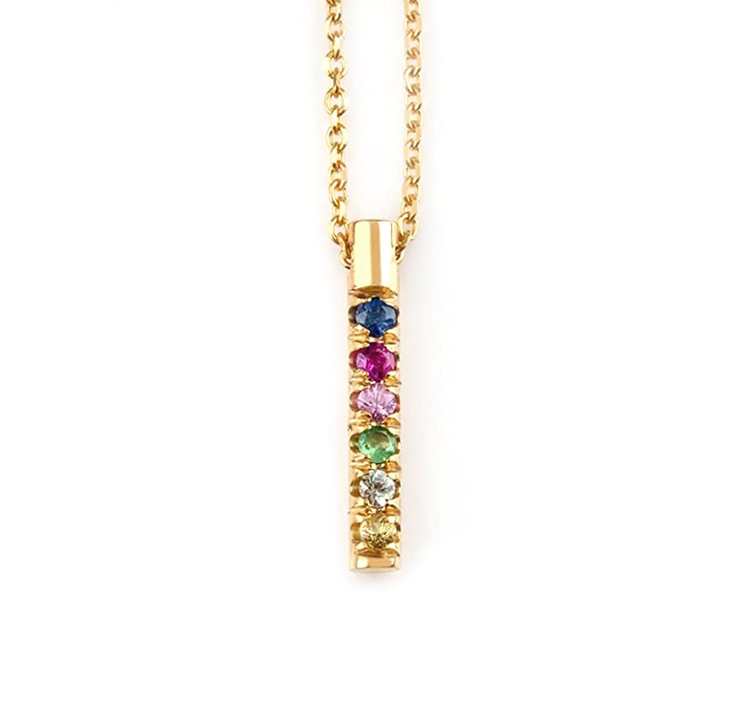 Multi-Color Sapphire Round Bar Necklace in 9K, 14K & 18K Solid Gold - Tiny Rainbow Pendant for Women, Gift for Her | Perfect for Everyday Wear, Date Nights & Special Occasions