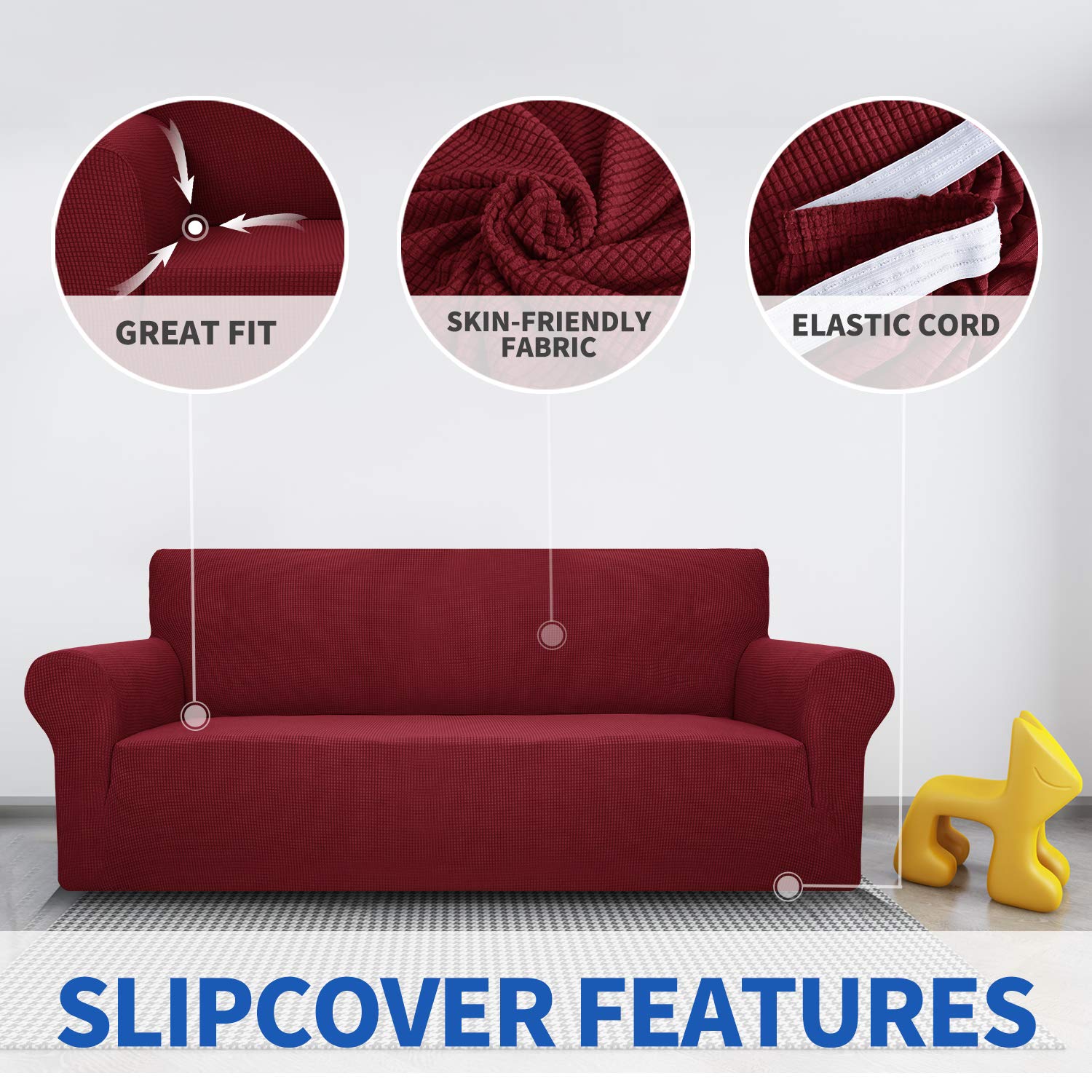MAXIJIN Super Stretch Sofa Cover for 3 Cushion Couch - 1-Piece Universal Jacquard Spandex Furniture Protector - Pet Friendly Fitted Couch Cover (Extra Large, Wine Red) - Perfect for Living Room, Family Room & Pet Owners