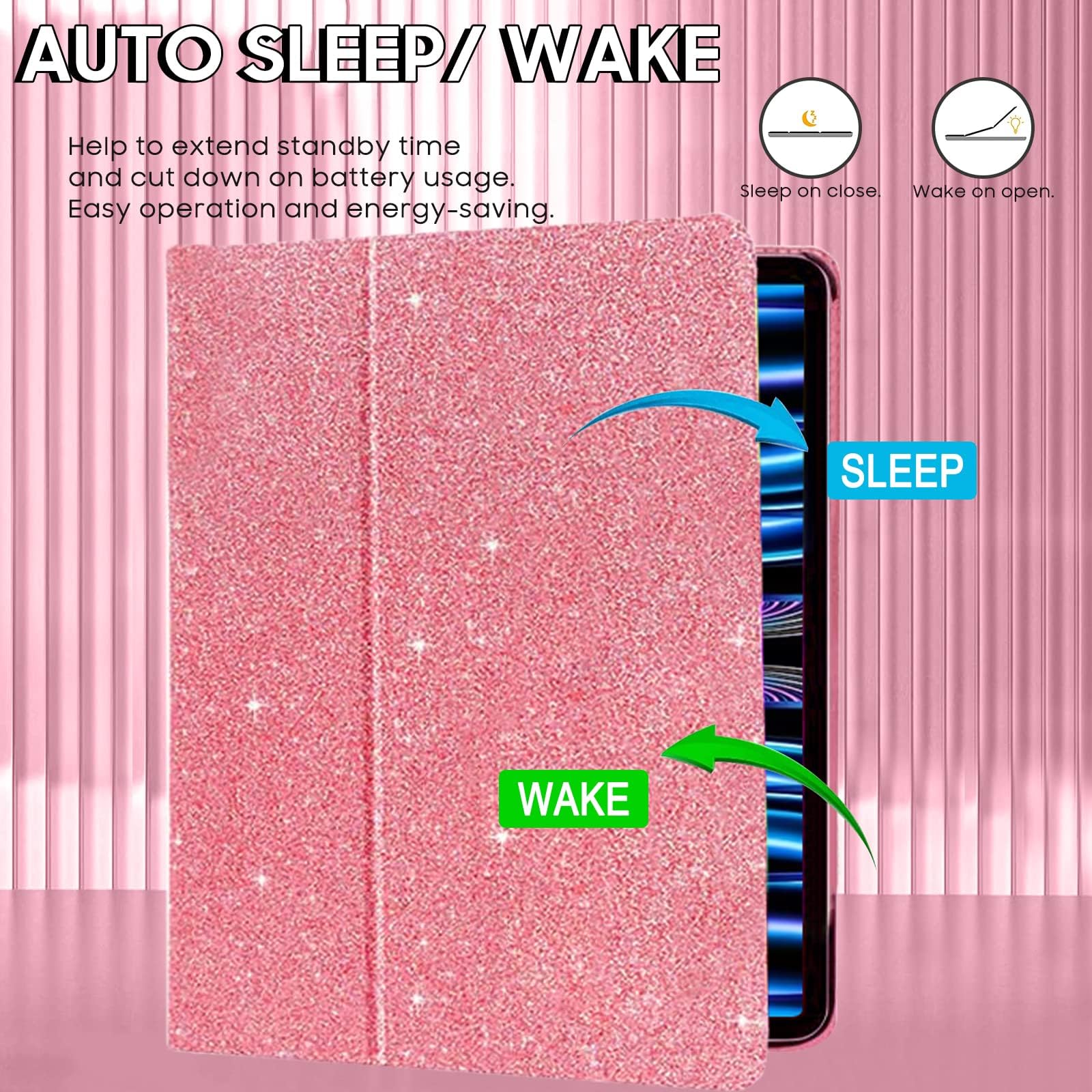 2024 iPad Air 13 inch & iPad Pro 12.9 Case (6th/5th/4th/3rd Gen) - Glitter Protective Cover with Pencil Charging, Folio Kickstand, Auto Sleep/Wake, Hand Strap - Slim Smart Case in Pink - Perfect for Work, School & Travel