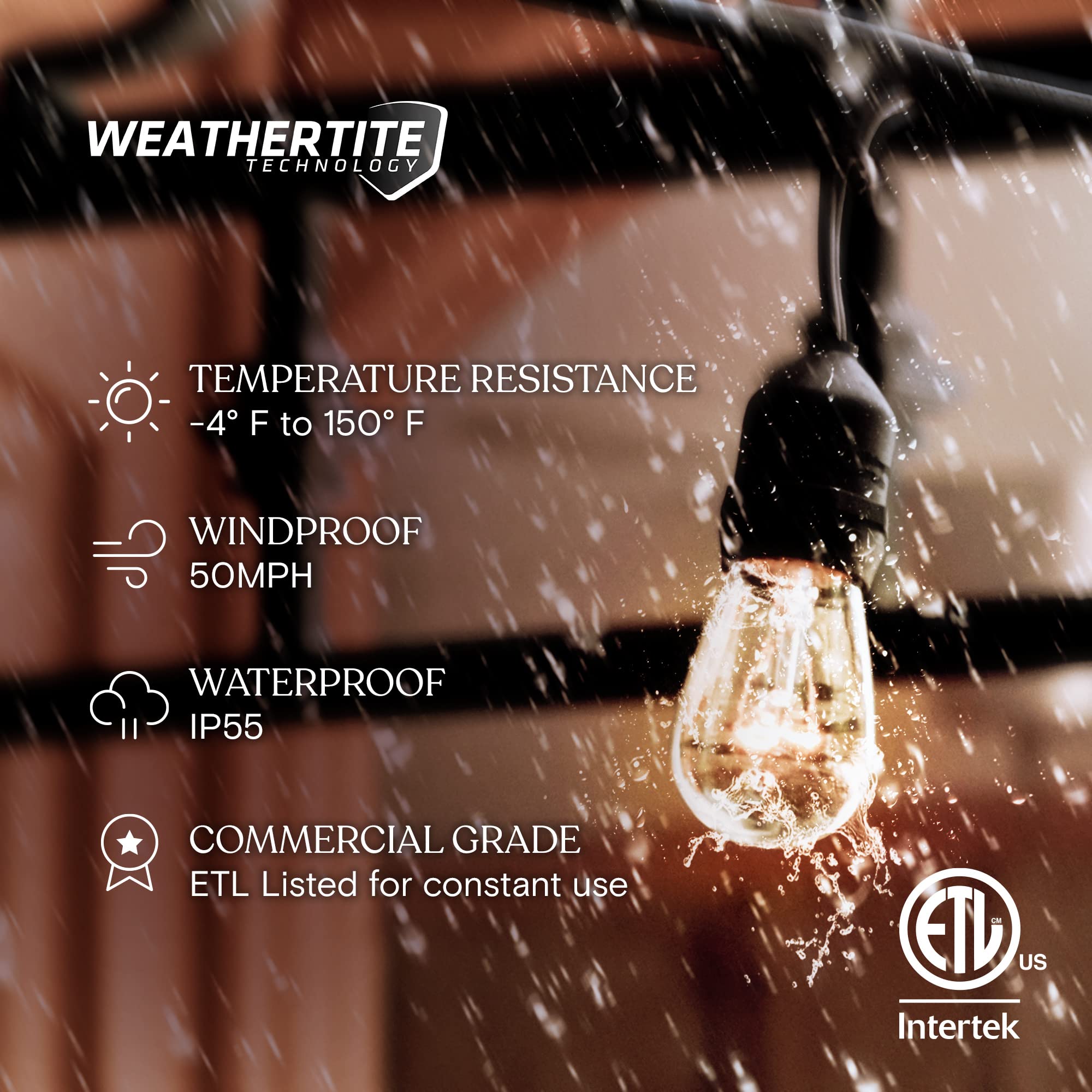Brightech Ambience Pro Commercial Grade Waterproof Outdoor String Lights - 48 Ft Dimmable Edison Bulbs with 15 Warm White 11W Bulbs for Patio, Backyard, Porch & Garden Decor - Perfect for Weddings, Parties & Outdoor Dining