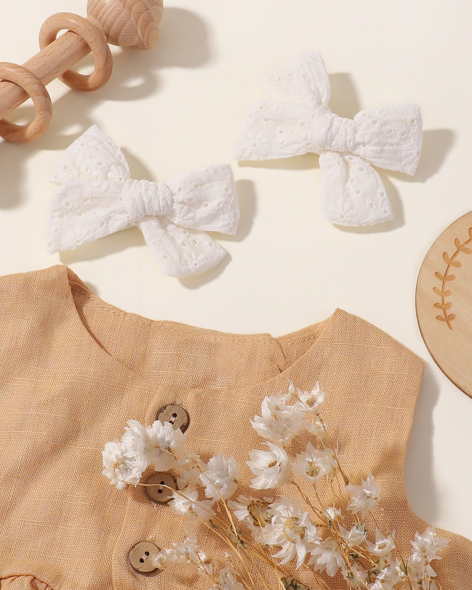 Jollybows 2-Piece 3.2 Inch Baby Girl Hair Bows - Neutral Linen White Eyelet Pigtail Clips for Toddlers | Perfect for Daily Wear, Photoshoots & Special Occasions