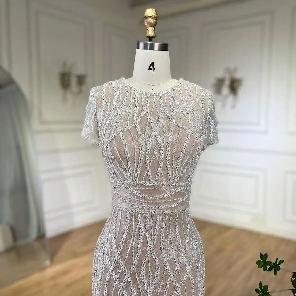 Elegant White Beaded Ankle-Length Evening Dress with Feathers - LA72076A | Perfect for Prom, Gala & Formal Events
