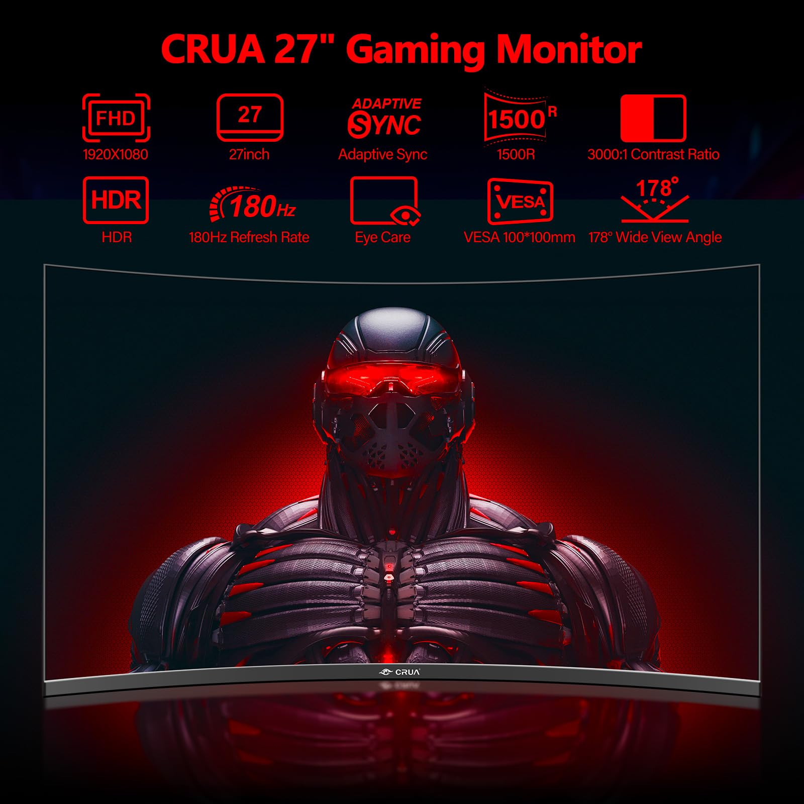 CRUA 27 Inch 180Hz Curved Gaming Monitor - Full HD 1080P, 1500R Frameless PC Monitor with AMD FreeSync & Eye Care Technology, VESA Mount Compatible - Perfect for Esports, Work & Home Office Setup