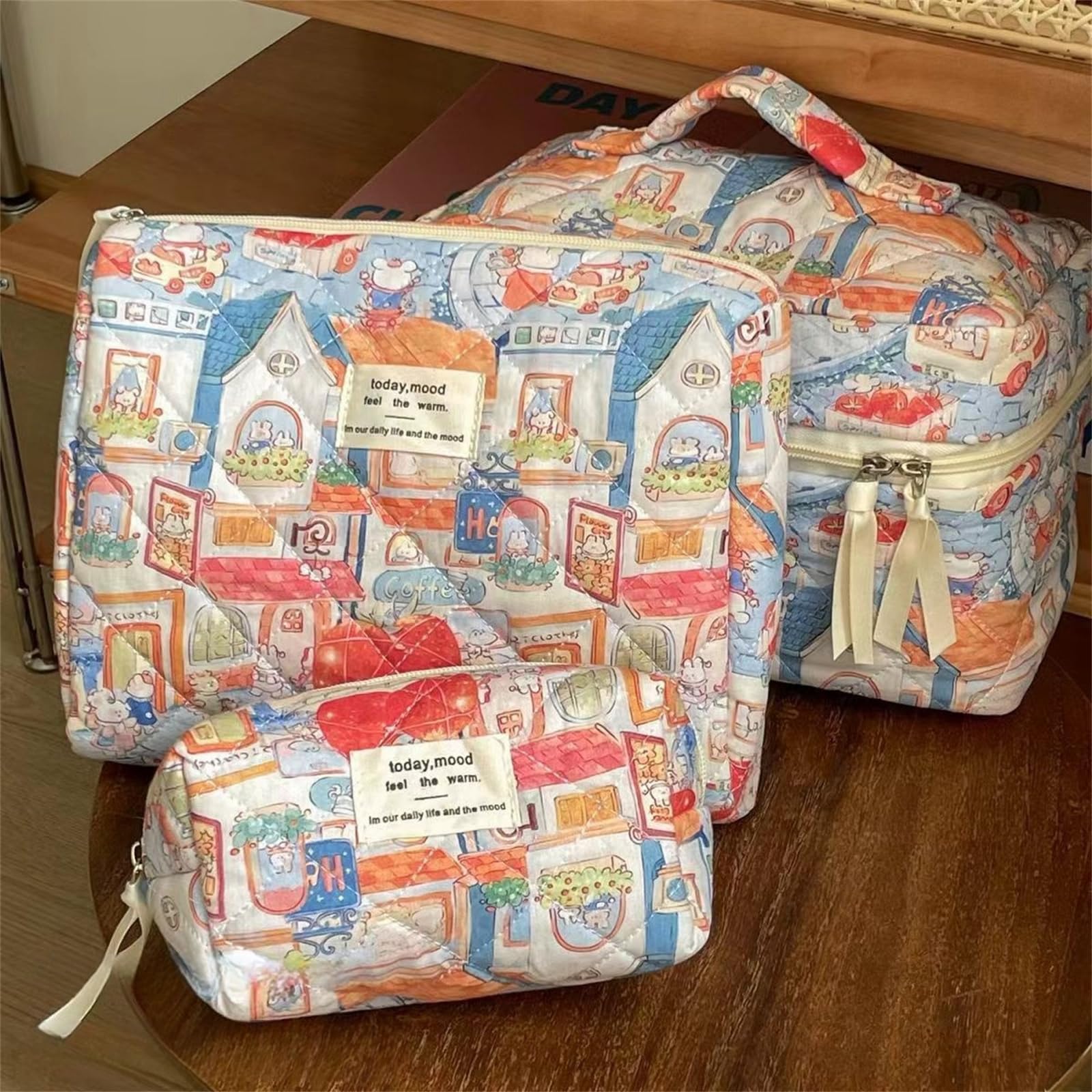 Coastal Floral Quilted Makeup Bag Set of 4 - Cute Cotton Cosmetic Organizer with Coquette Flowers Design for Women (Bear Print) - Perfect for Travel, Beach Trips & Daily Beauty Essentials Storage