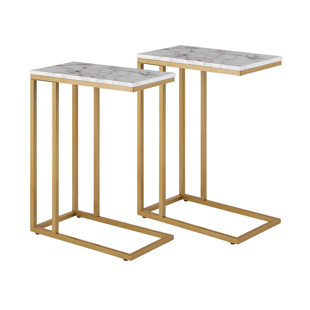 Modern C-Shape Side End Table with Faux Marble Tray & Metal Frame - Gold Snack Table, Laptop Stand, Coffee Holder - Set of 2 - Perfect for Living Room, Bedroom, or Office Use