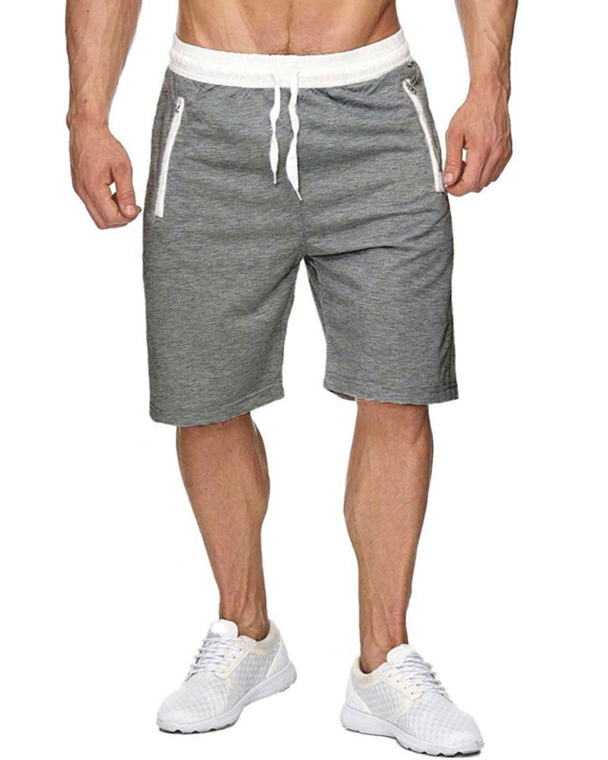 Men's Elastic Waist Drawstring Workout Shorts with Zipper Pockets - Lightweight Summer Running, Gym & Casual Wear