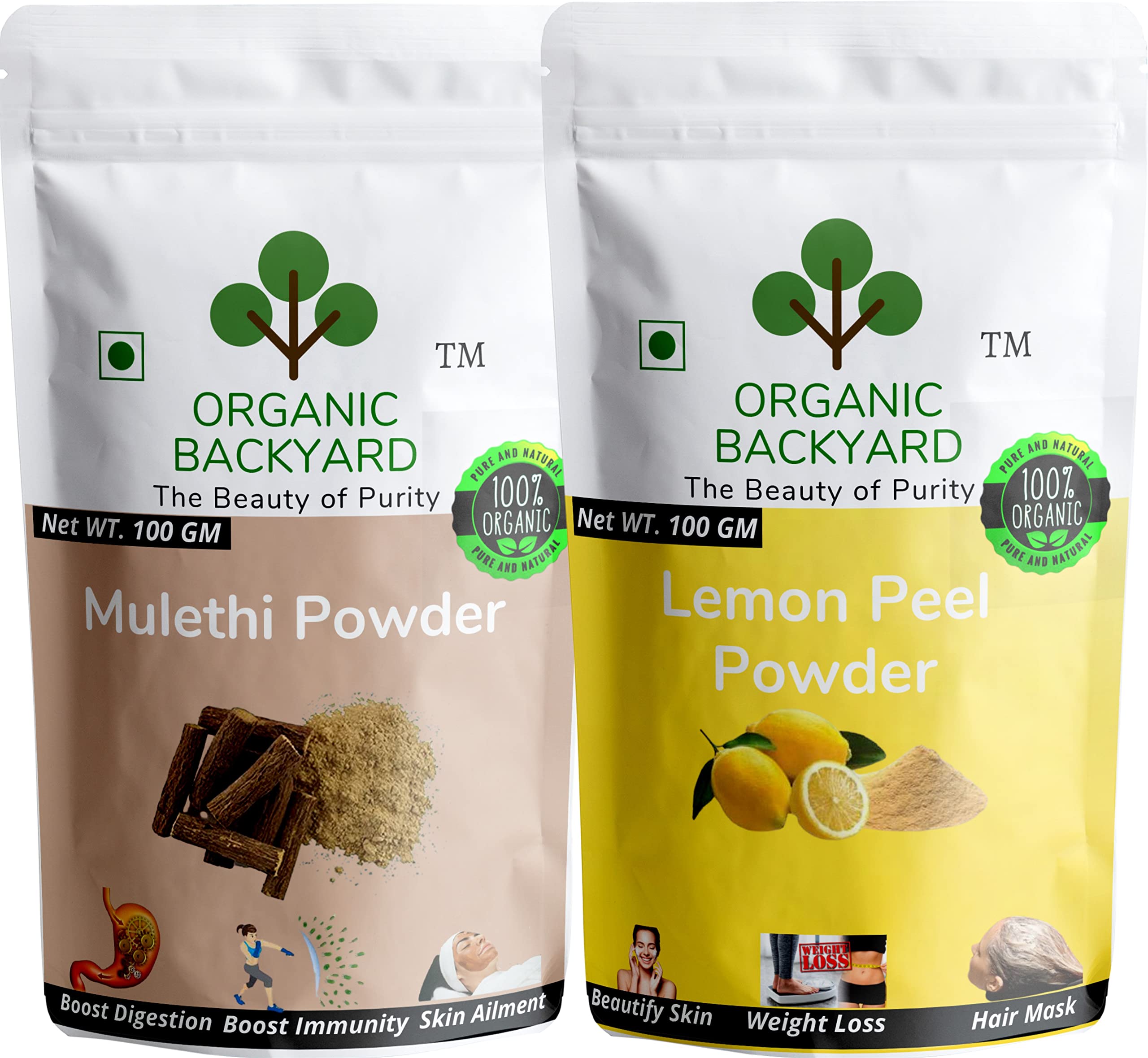 Organic Mulethi & Lemon Peel Powder Combo - 100% Natural Face Care Treatment (100g Each) for Glowing Skin, Acne Relief & Brightening - Perfect for DIY Face Masks & Ayurvedic Skincare Routines