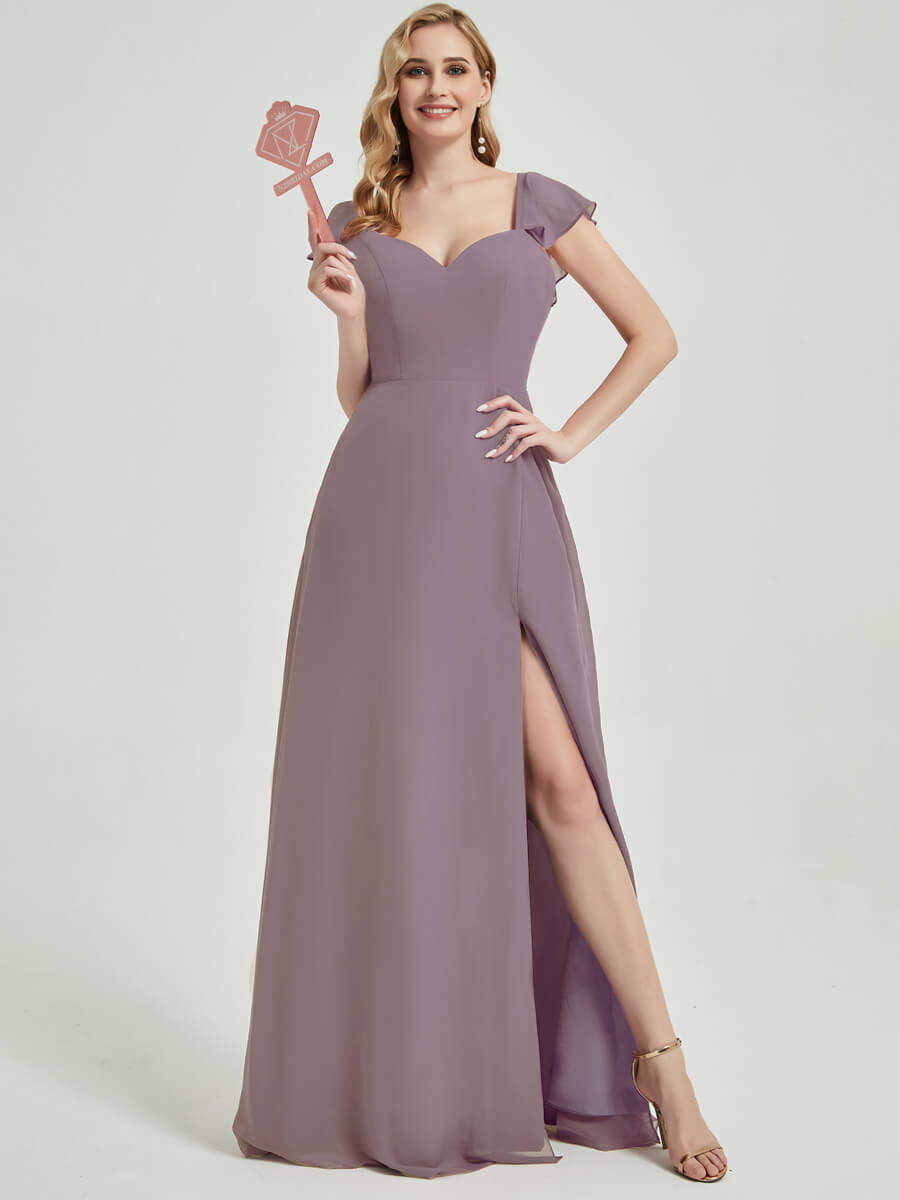 Elegant Dusk Ruffle Cap Sleeve Floor-Length Chiffon Bridesmaid Dress with High Slit | Formal Wedding Party Gown for Bridesmaids, Evening Gala & Special Occasions