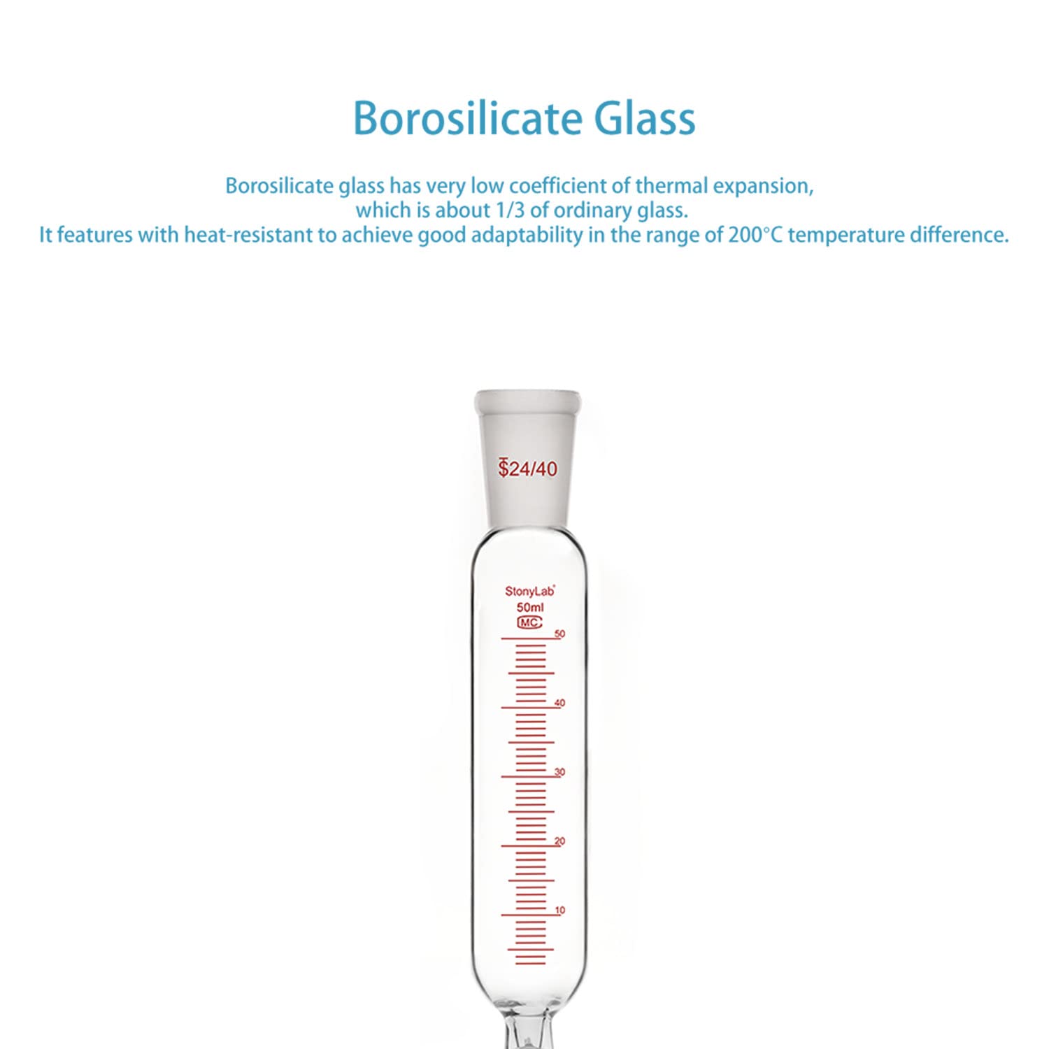 Stonylab 50ml Borosilicate Glass Pressure Equalizing Addition Funnel with PTFE Stopcock & 24/40 Joint - Graduated Dropping Funnel for Precise Liquid Transfer in Chemistry Labs, Essential for Distillation, Titration & Organic Synthesis Experiments