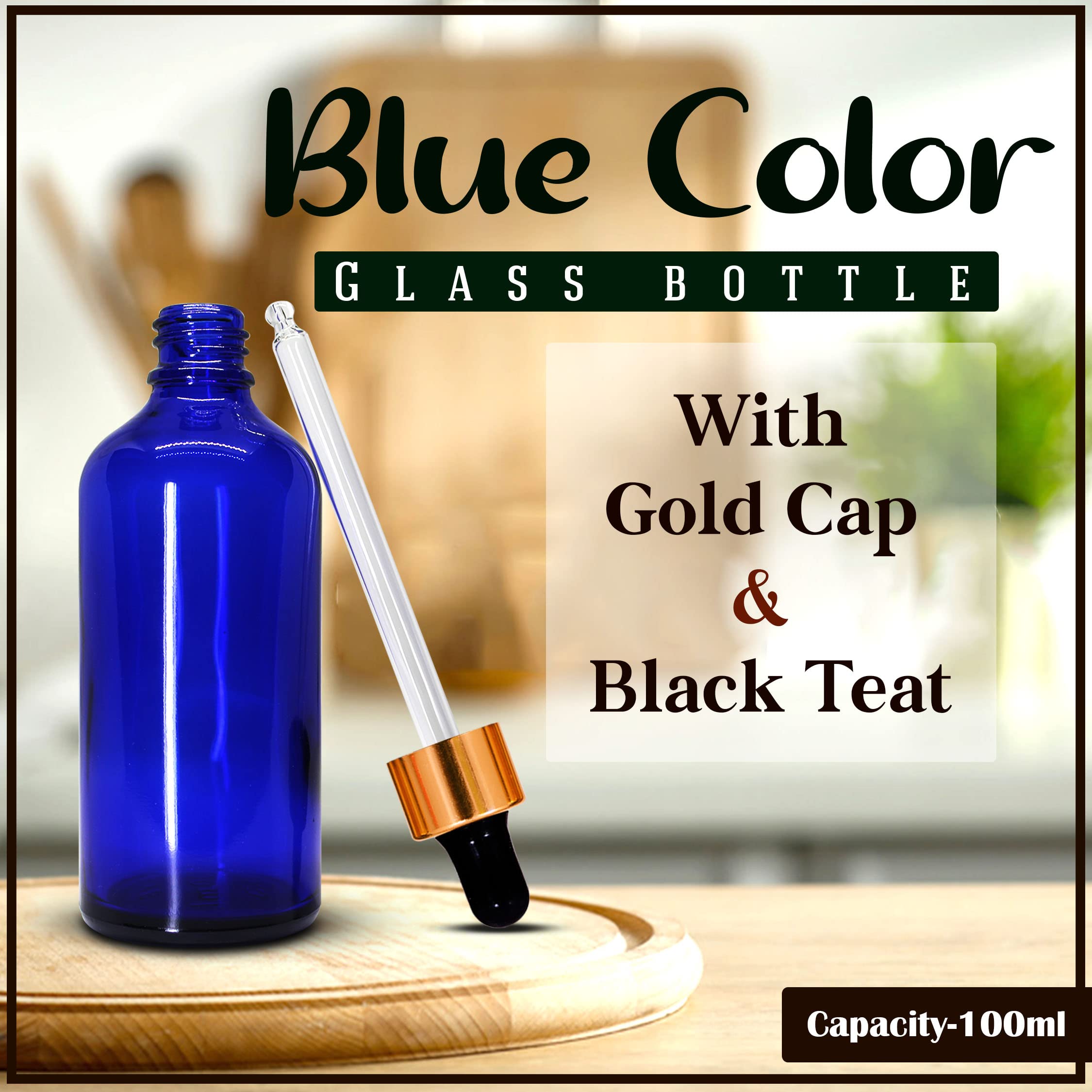 NSB Herbals 100ml Blue Round Empty Glass Bottle with Glass Dropper, Gold Ring & Black Silicone Teat - Leak Proof, Refillable for Essential Oils, DIY Perfumes, Aromatherapy, Homemade Skincare (Pack of 1) - Perfect for Travel, Gifts & Crafting Projects