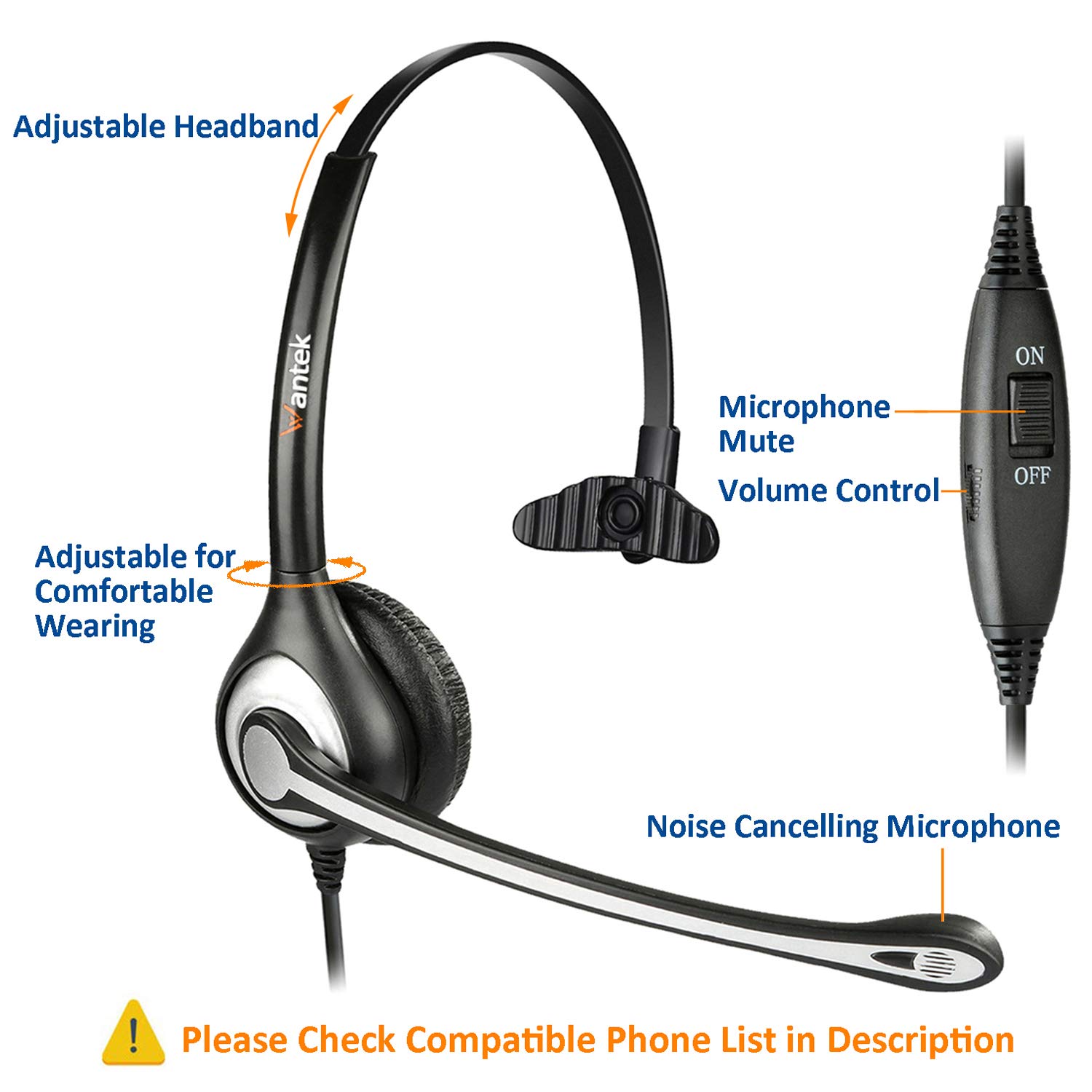Wantek Mono Corded Telephone Headset with Noise Canceling Microphone - Compatible with ShoreTel, Plantronics, Polycom, Zultys, Toshiba, NEC Aspire, Dterm, Nortel, Meridian, Packet8 Landline Deskphones (F600S2) - Ideal for Call Centers, Office Communication & Customer Service