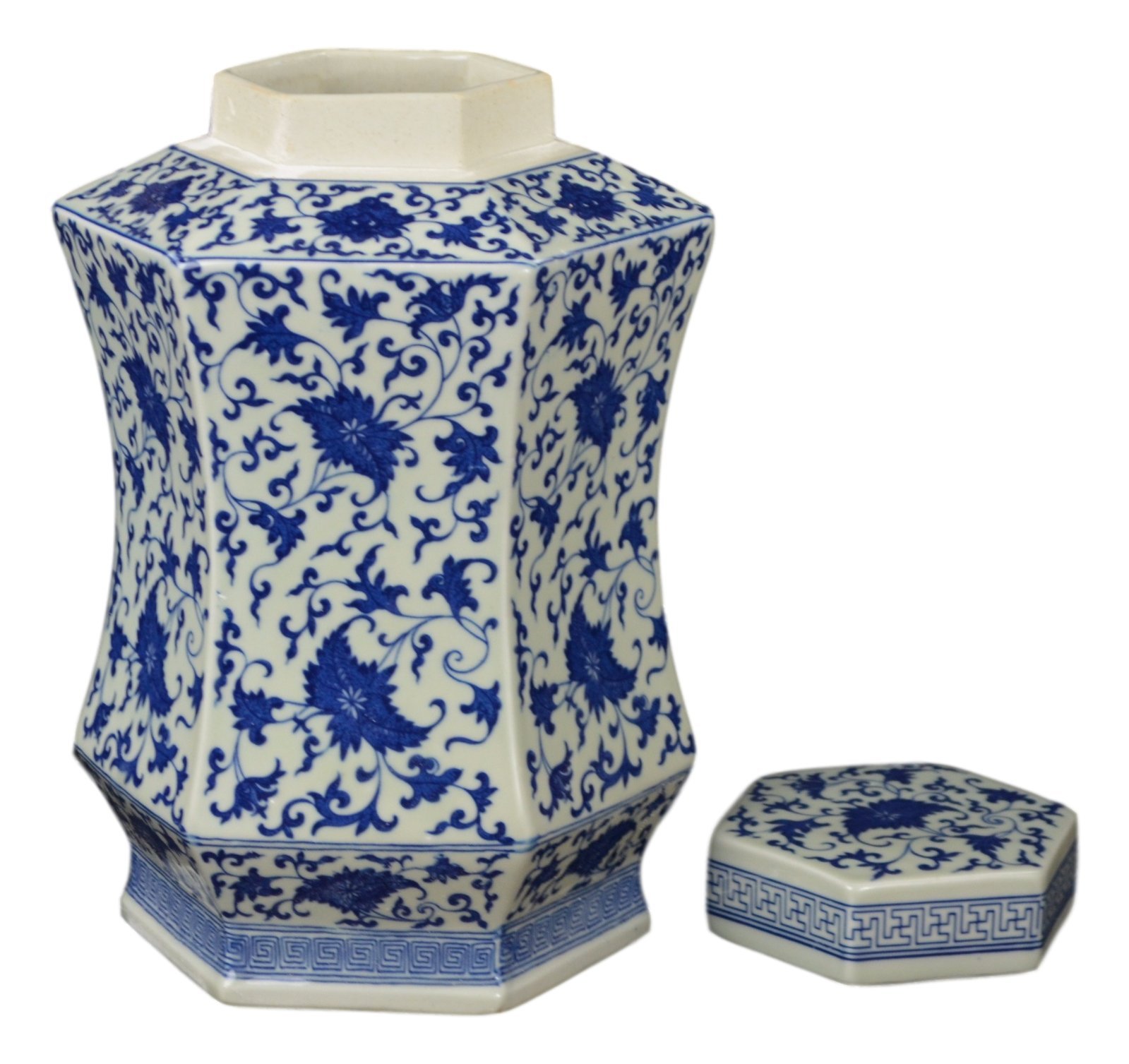Antique Blue and White Porcelain Hexagonal Jar Vase - Qing Dynasty Style Floral Food Storage Container from Jingdezhen (D20) - Perfect for Home Decor, Kitchen Storage & Chinese Tea Ceremony