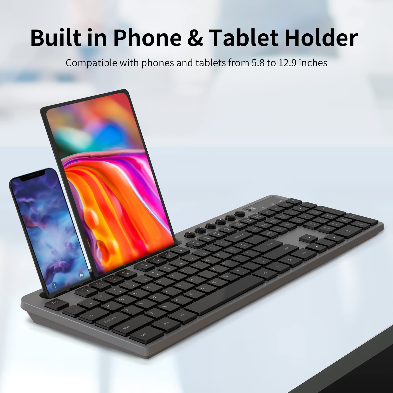 MARVO 2.4G Wireless Keyboard and Mouse Combo - Ergonomic Design with Silent 6-Button Mouse & Phone/Tablet Holder - Compatible with MacBook & Windows PC (Grey) - Perfect for Home Office, Gaming & Remote Work