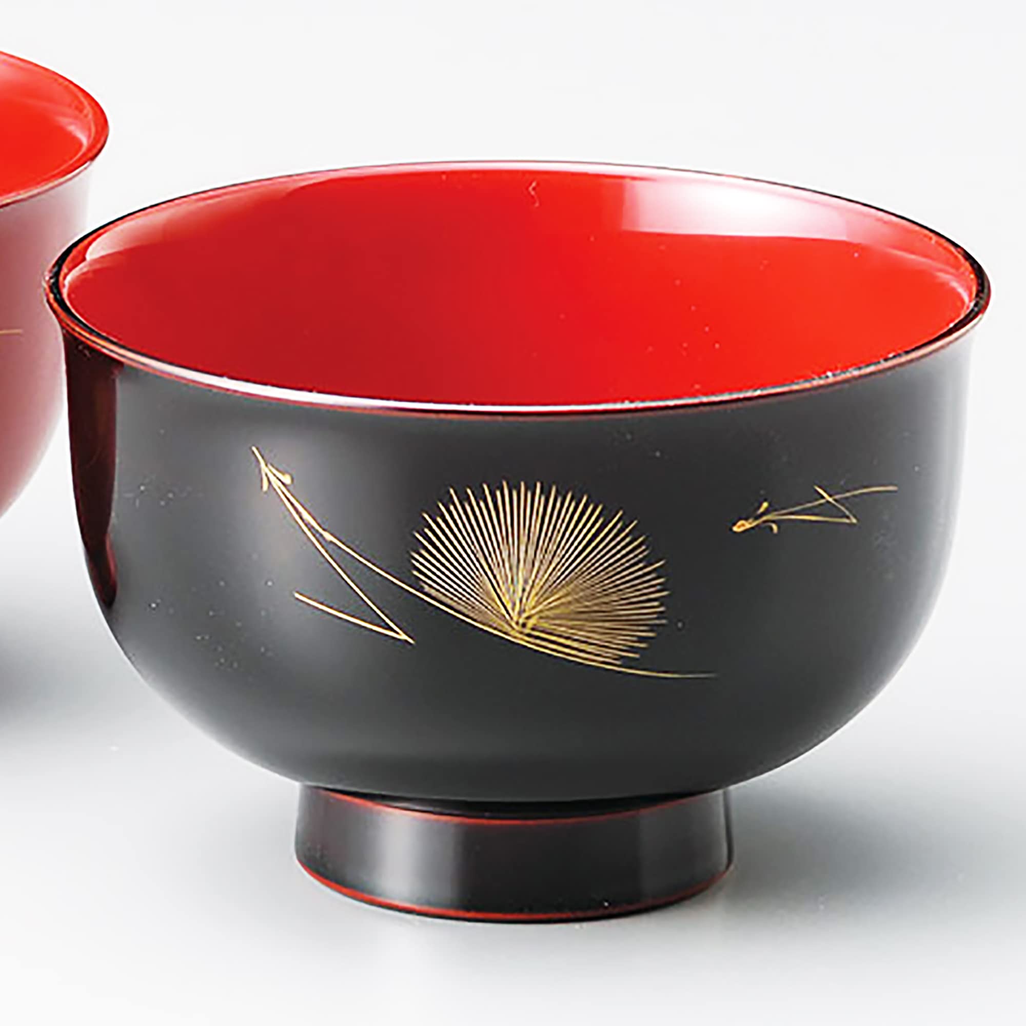 Premium Echizen Coating 904103 Matsuba Sinkin Feather Soup Bowls - Set of 2 (Vermilion & Black) - Handcrafted Japanese Ceramic Rice/Noodle Bowls for Home Dining & Gifts