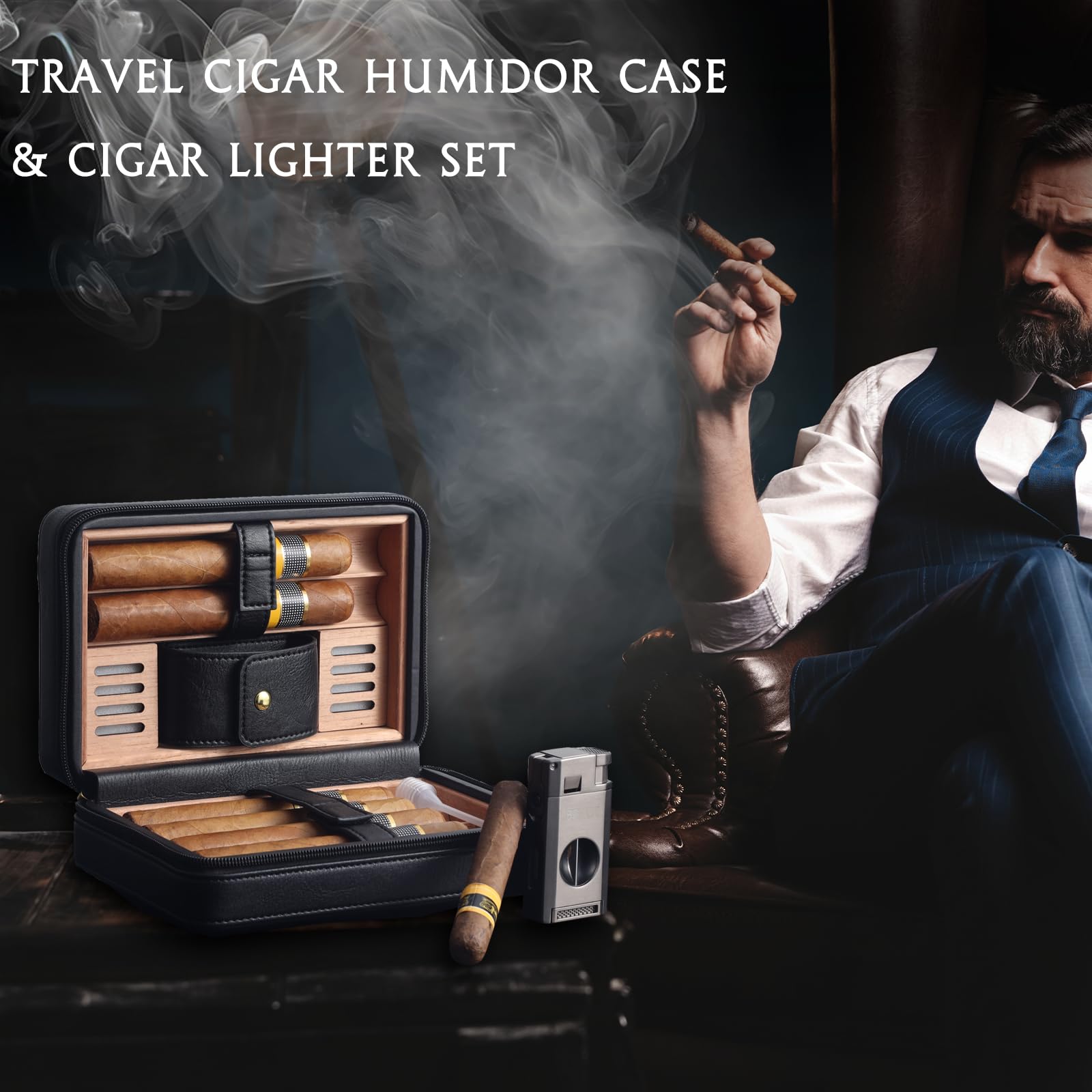 Premium Travel Cigar Humidor Set with Natural Cedar Wood Lining - Includes V-Cut Cutter, Punch Tool & Flameless Lighter - Holds 6 Cigars - Perfect for Outdoor Adventures, Business Trips & Gifts for Cigar Enthusiasts