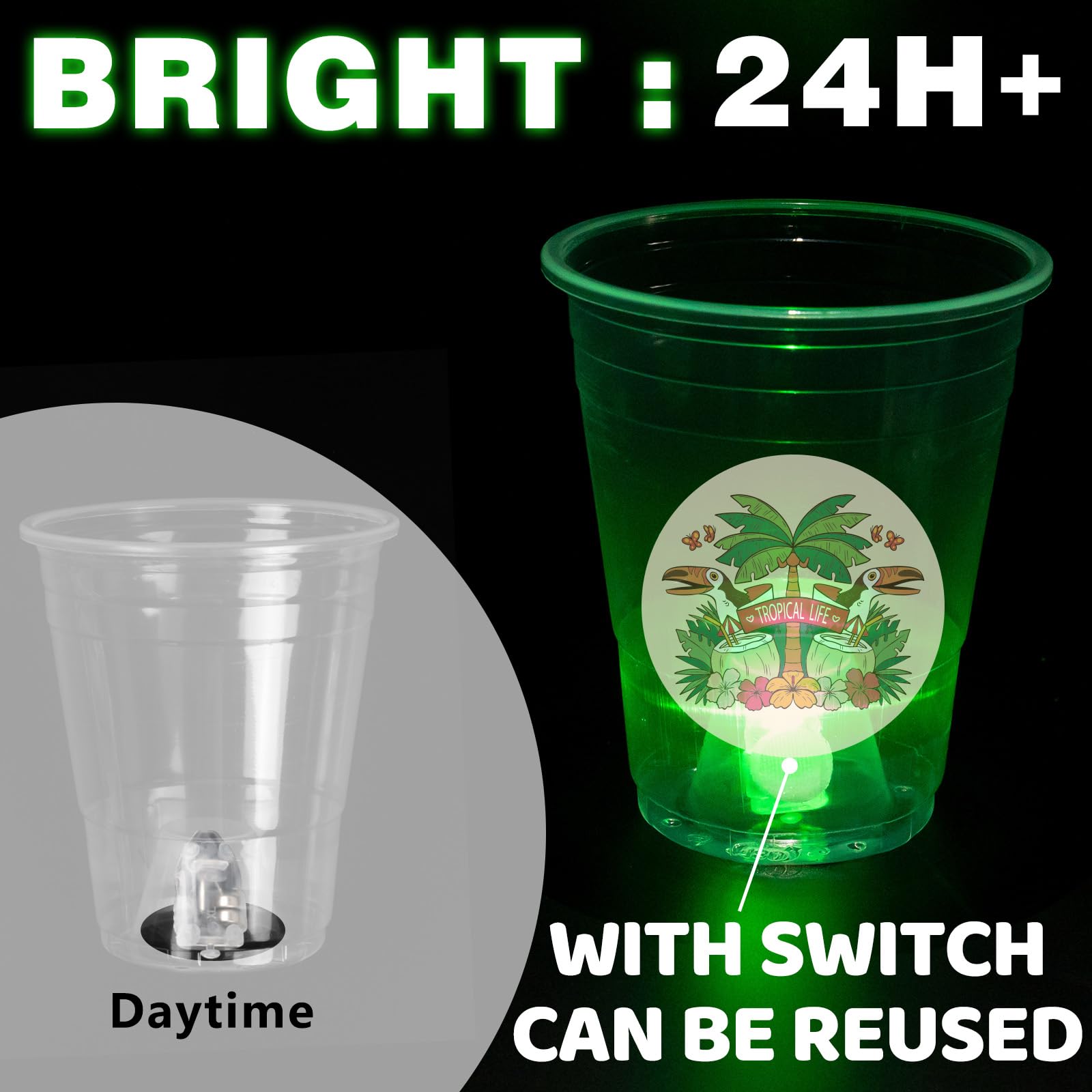 25 Glow in the Dark Plastic Tiki Party Cups - 16oz Hawaiian Luau Cups for Tropical Themed Parties, Birthday Decorations & Moana Celebrations - Perfect for Beach Parties, Poolside Gatherings & Summer Events