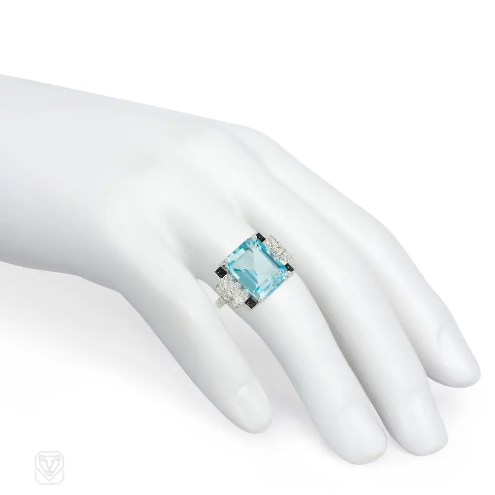 Art Deco Onyx, Diamond & Aquamarine Vintage Ring – Elegant Statement Jewelry for Weddings, Parties & Special Occasions