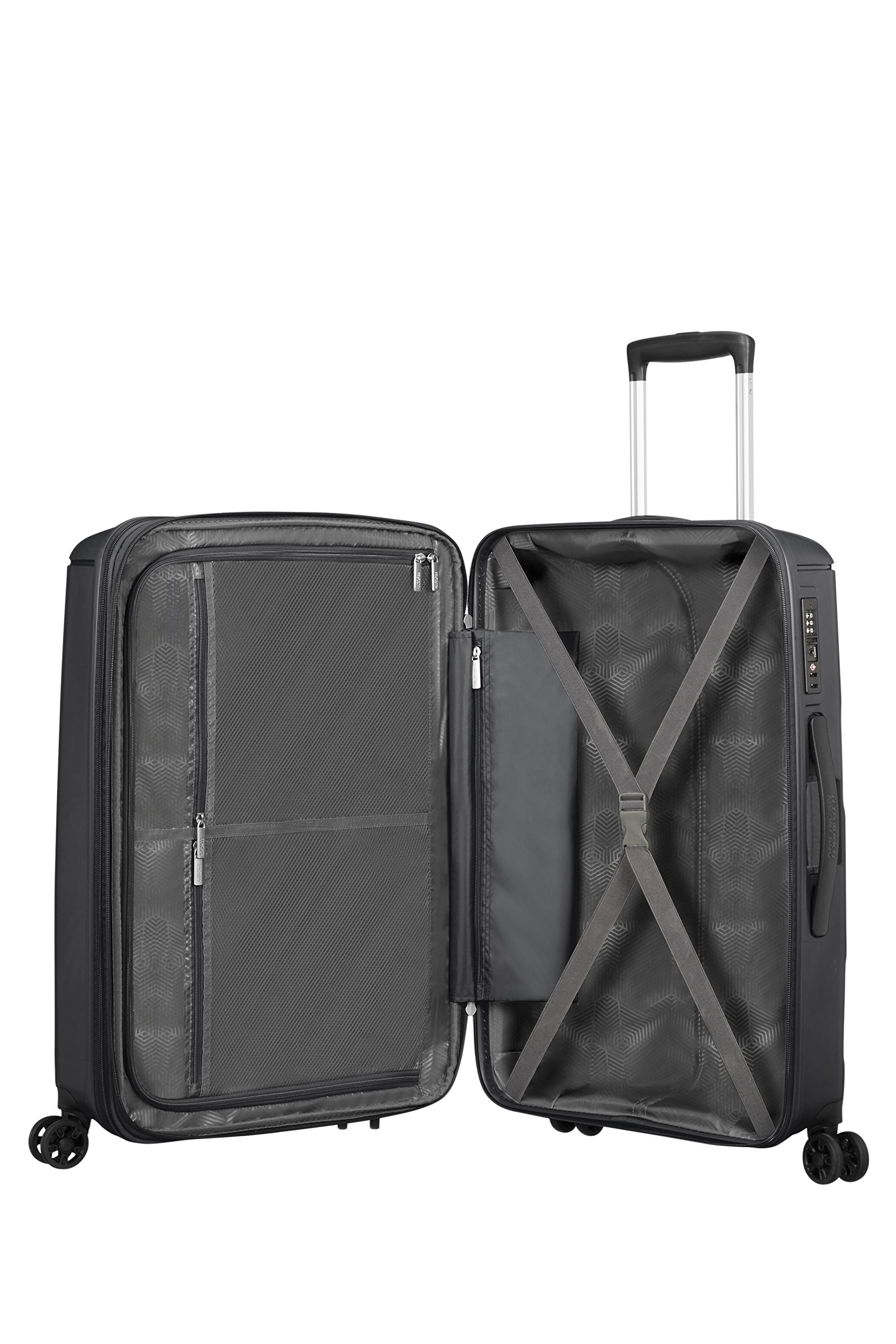 American Tourister Black Spinner Luggage 67.5cm-83.5L Carry-On Suitcase with 360° Wheels for Business Travel & Weekend Getaways