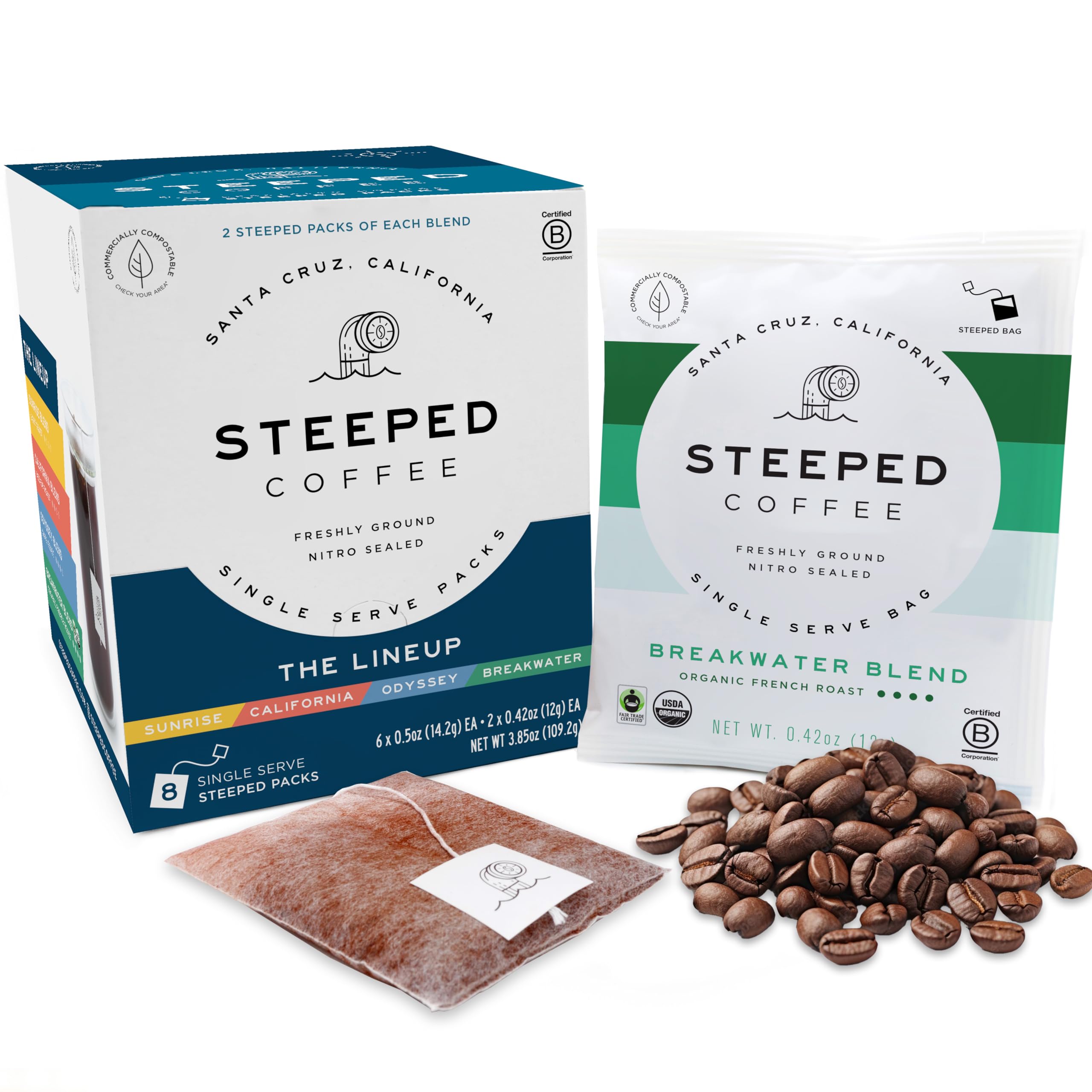 Steeped Coffee Tea Bags - Single Serve Organic Coffee Pouches | Eco-Friendly, Hand Roasted Fresh Ground Coffee | Instant Brew Just Add Water | Travel Size Variety Pack (8 Count) - Perfect for Camping, Office & On-the-Go Coffee Lovers